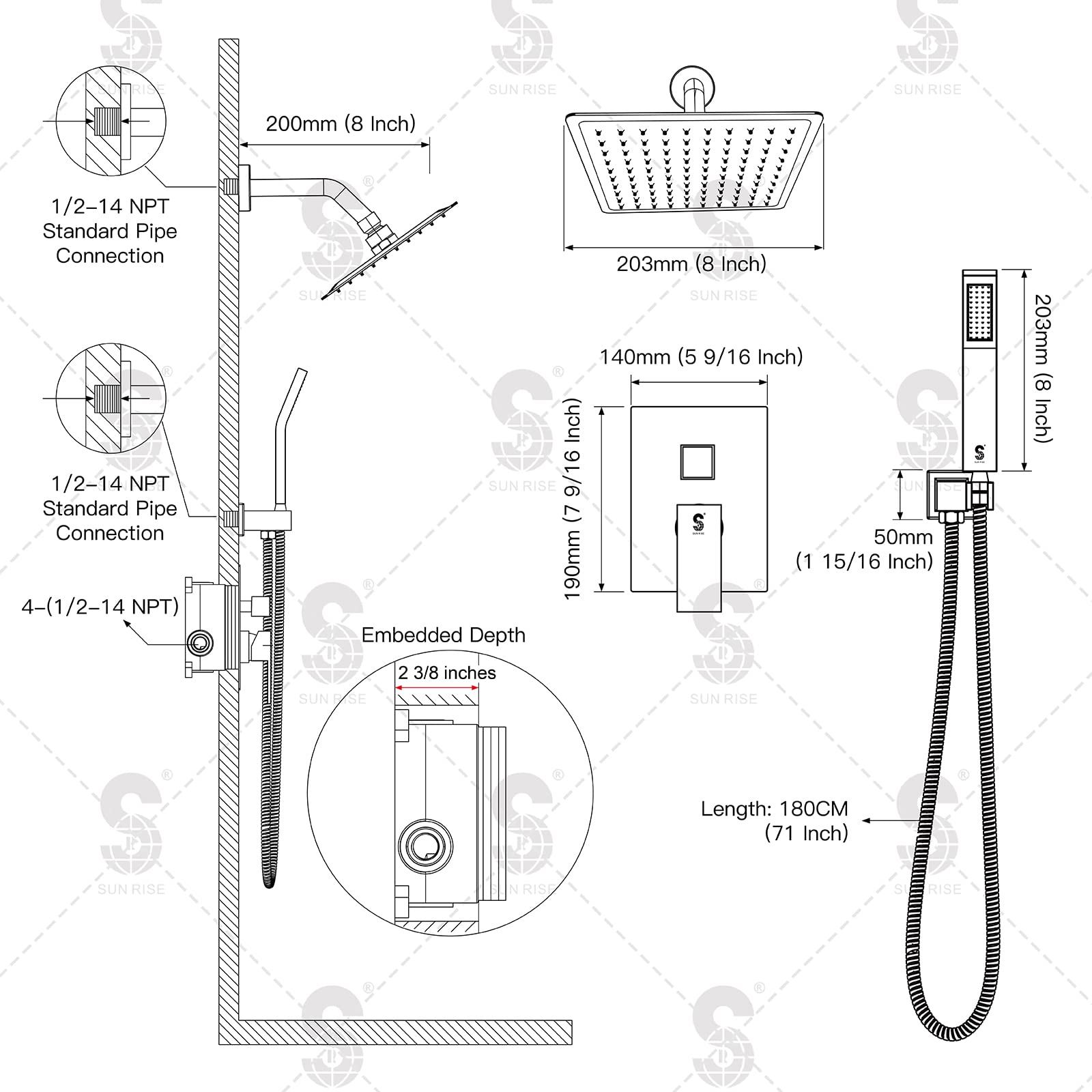 SR SUN RISE Shower Faucet Set Bathroom Square Rain Shower Head with Handheld Spray Wall Mounted Rainfall Shower Fixtures Brushed Nickel Shower Faucet Trim Repair Kits (Contain Shower Valve)