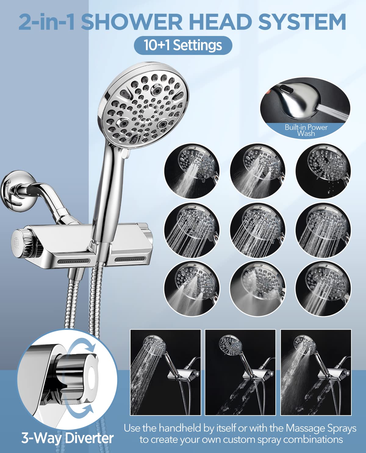 MakeFit Filtered Shower Head with Handheld Combo - Dual 2-in-1 Spa System with Massage Shower Head and 10 Modes Hand Held Shower Head, High Pressure, Built in Power Wash Mode (Chrome)