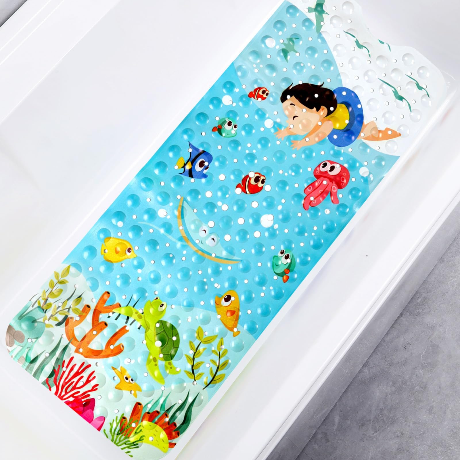 Secopad Baby Bath Mat for Tub for Kids, 40 X 16 Inch Non Slip Cartoon Bath Tub Shower Mat Anti Slip with Drain Holes and Suction Cups Machine Washable, Turtle