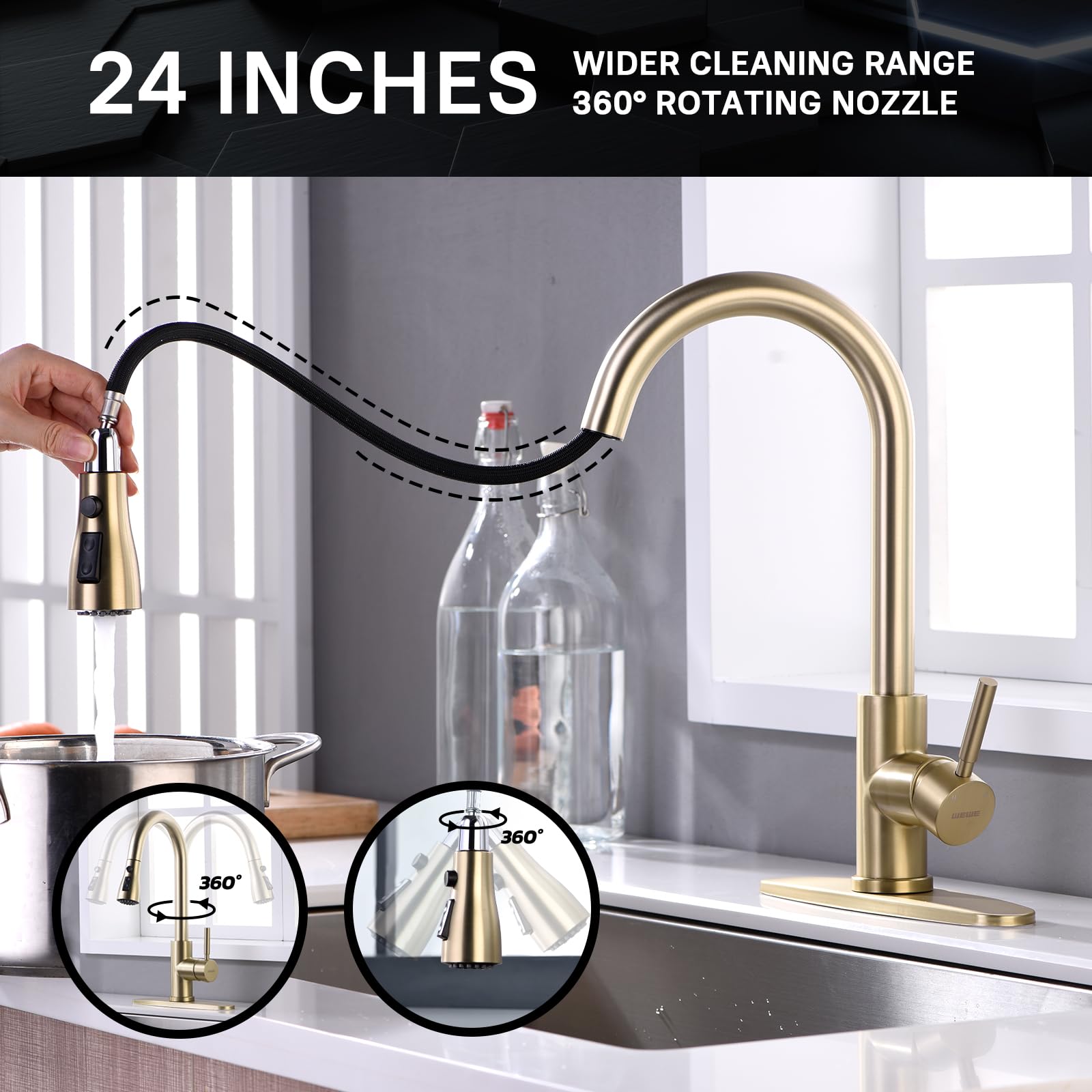 WEWE Single Handle High Arc Brushed Nickel Pull Out Kitchen Faucet,Single Level Stainless Steel Kitchen Sink Faucets with Pull Down Sprayer