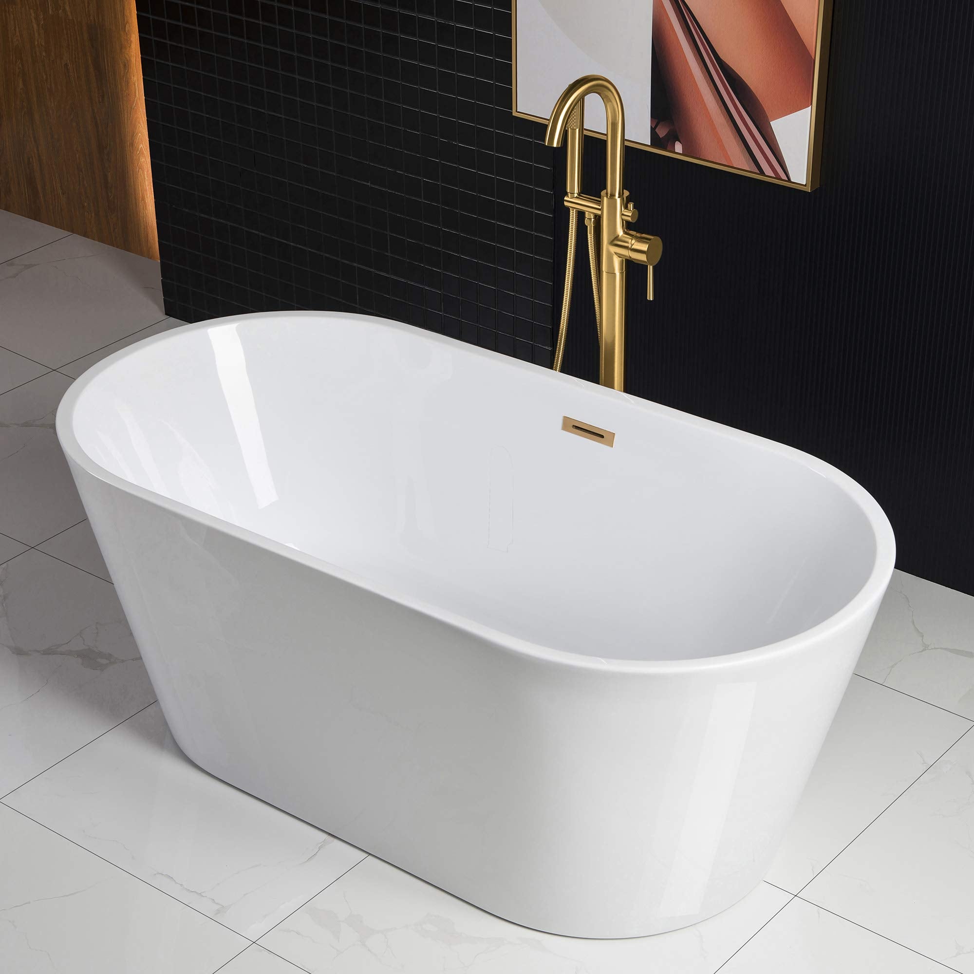 WOODBRIDGE 67" Acrylic Freestanding Bathtub Contemporary Soaking Tub, White Acrylic (Matte Black Drain/Overflow), B0013-MB-Drain &O