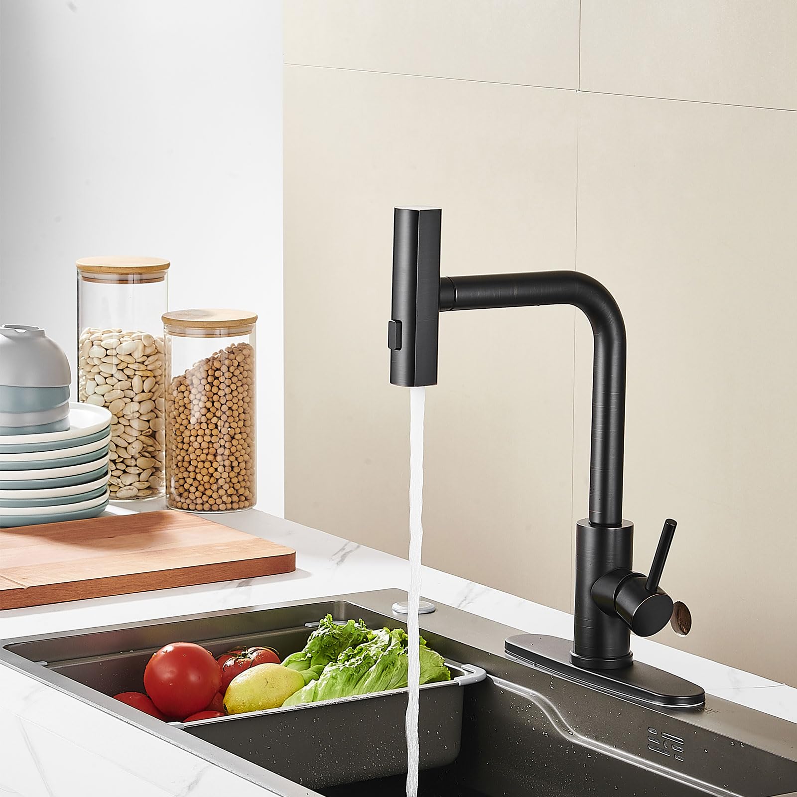 AVSIILE Kitchen Faucet with Pull Down Sprayer, Black Waterfall Touch Single Hole Stainless Steel Kitchen Sink Faucets, Commercial Modern Single Handle Faucets for Kitchen Sinks with Pull-Down Sprayer