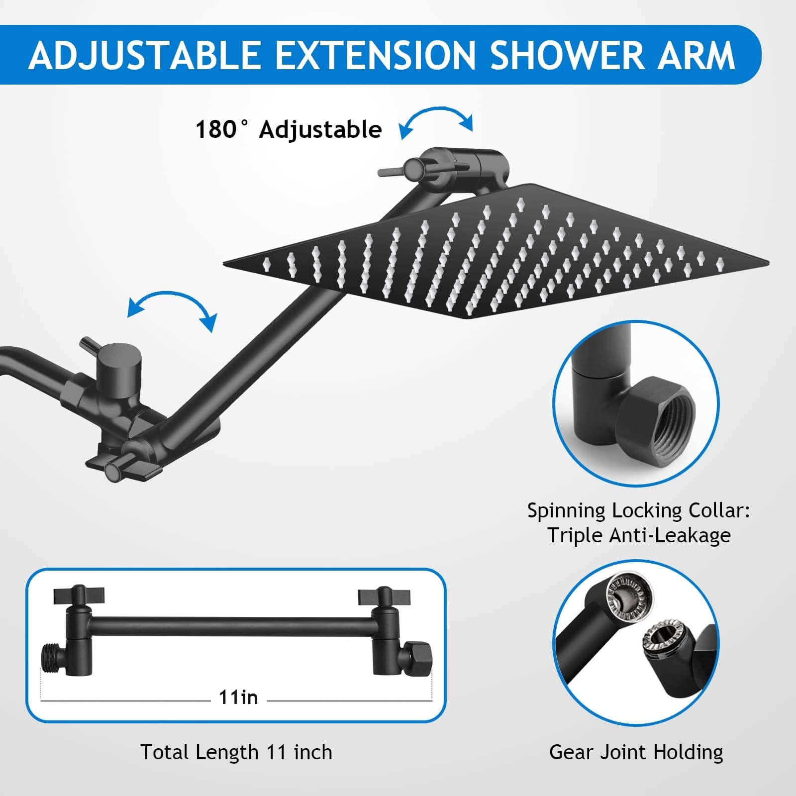 Shower Head Combo,10 Inch High Pressure Rain Shower Head with 11 Inch Adjustable Extension Arm and 5 Settings Handheld ,Powerful Shower Spray Against Low Pressure Water with Long Hose