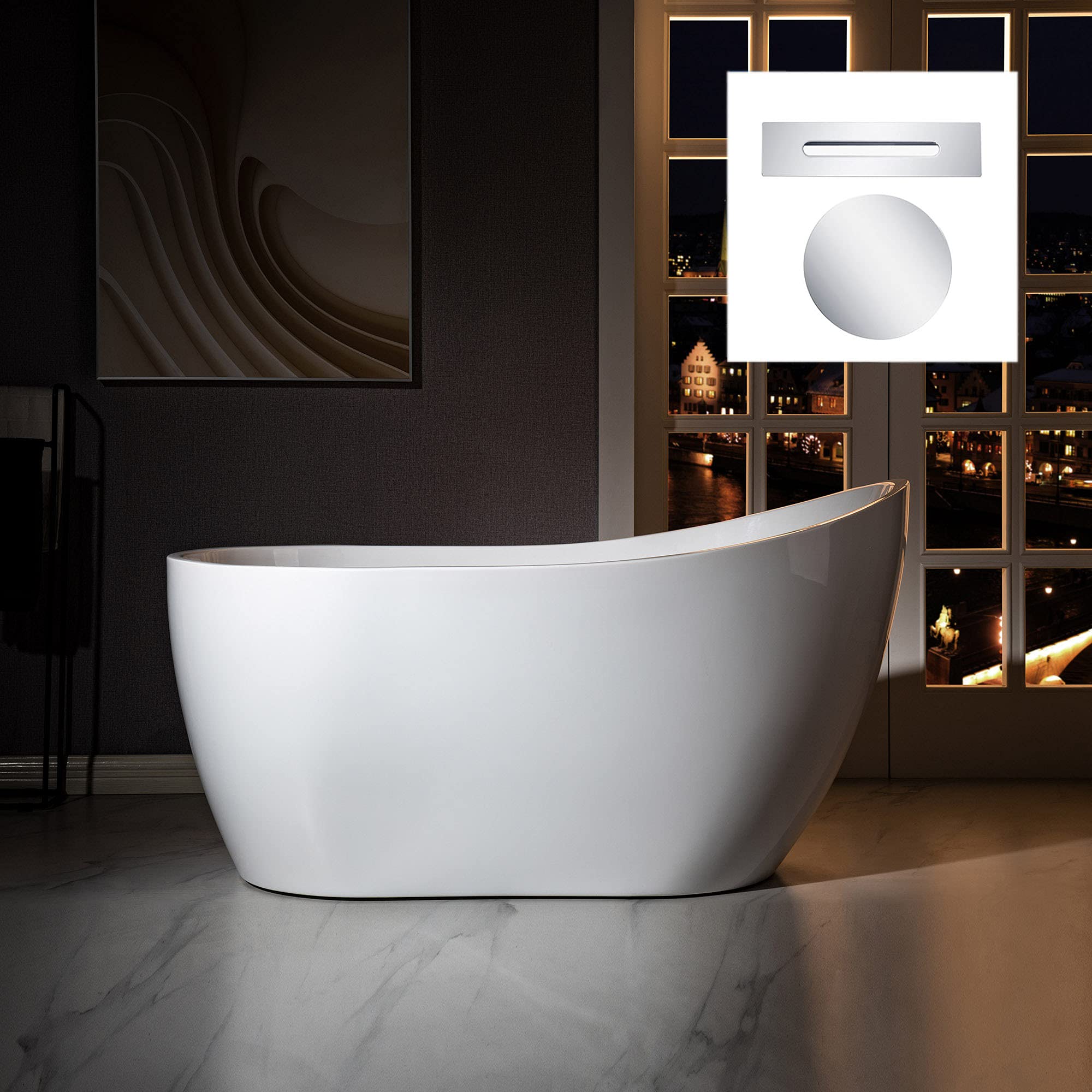 WOODBRIDGE Acrylic Freestanding Contemporary Soaking Tub with Brushed Nickel Overflow and Drain, B-0006 / BTA1507, 54" Bathtub White