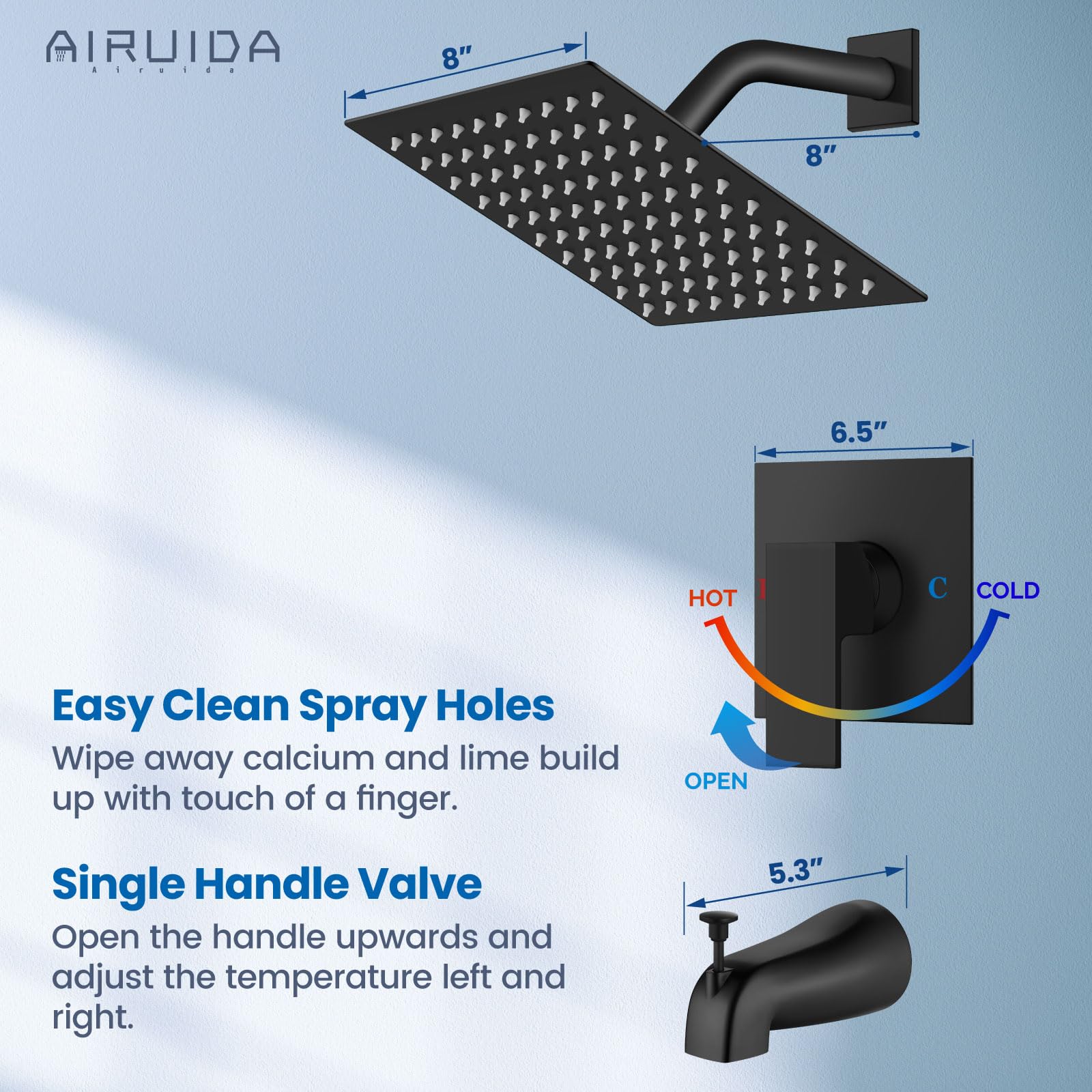 Airuida Shower Faucet Set with 8 Inch Rainfall Square Showerhead and Tub Spout Bathtub Faucet Kit Shower Tub Faucet Set Complete Tub Shower Trim Kit with Solid Brass Rough-in Valve Matte Black