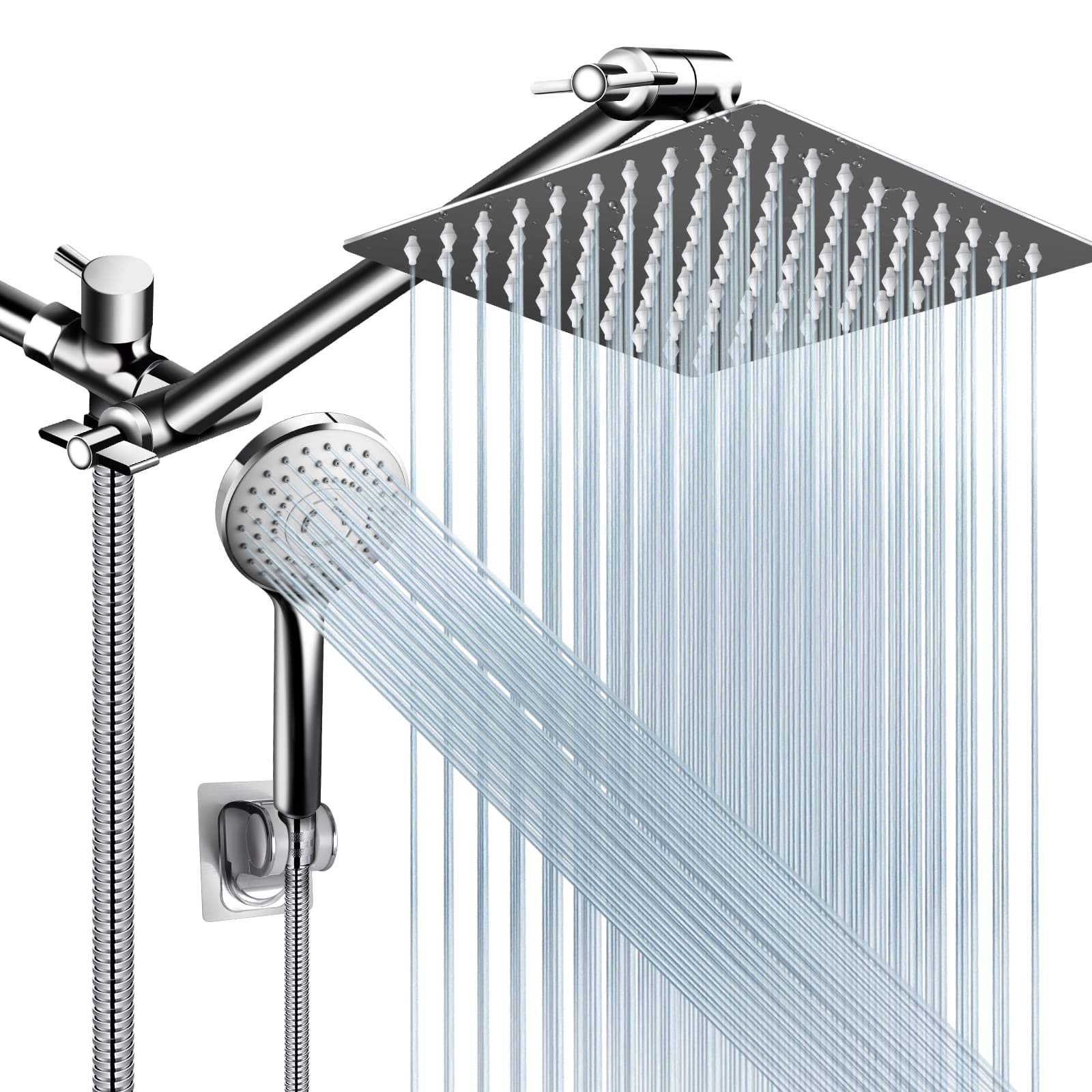 Shower Head Combo,10 Inch High Pressure Rain Shower Head with 11 Inch Adjustable Extension Arm and 5 Settings Handheld ,Powerful Shower Spray Against Low Pressure Water with Long Hose