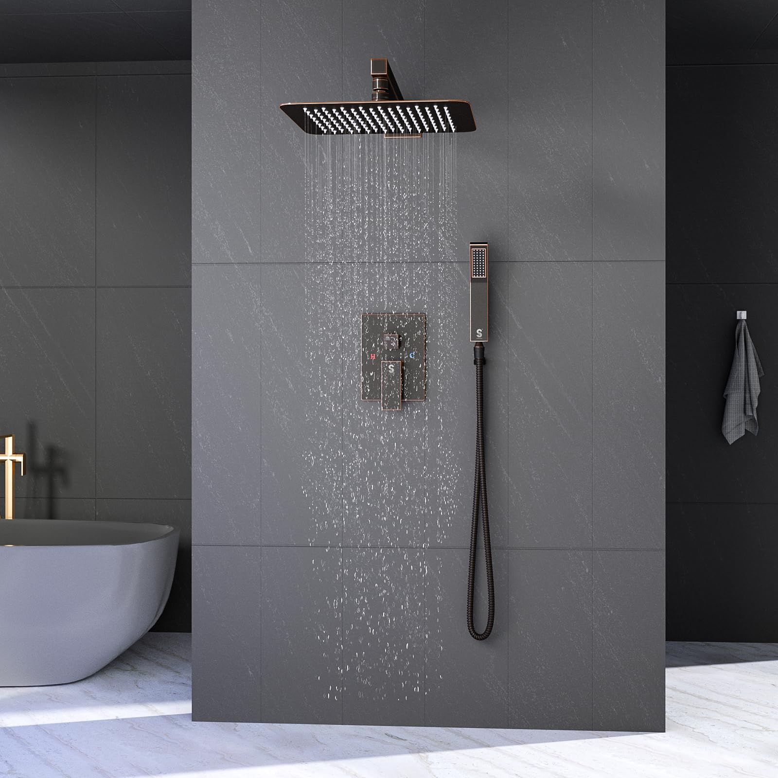 SR SUN RISE Shower Faucet Set Bathroom Square Rain Shower Head with Handheld Spray Wall Mounted Rainfall Shower Fixtures Brushed Nickel Shower Faucet Trim Repair Kits (Contain Shower Valve)