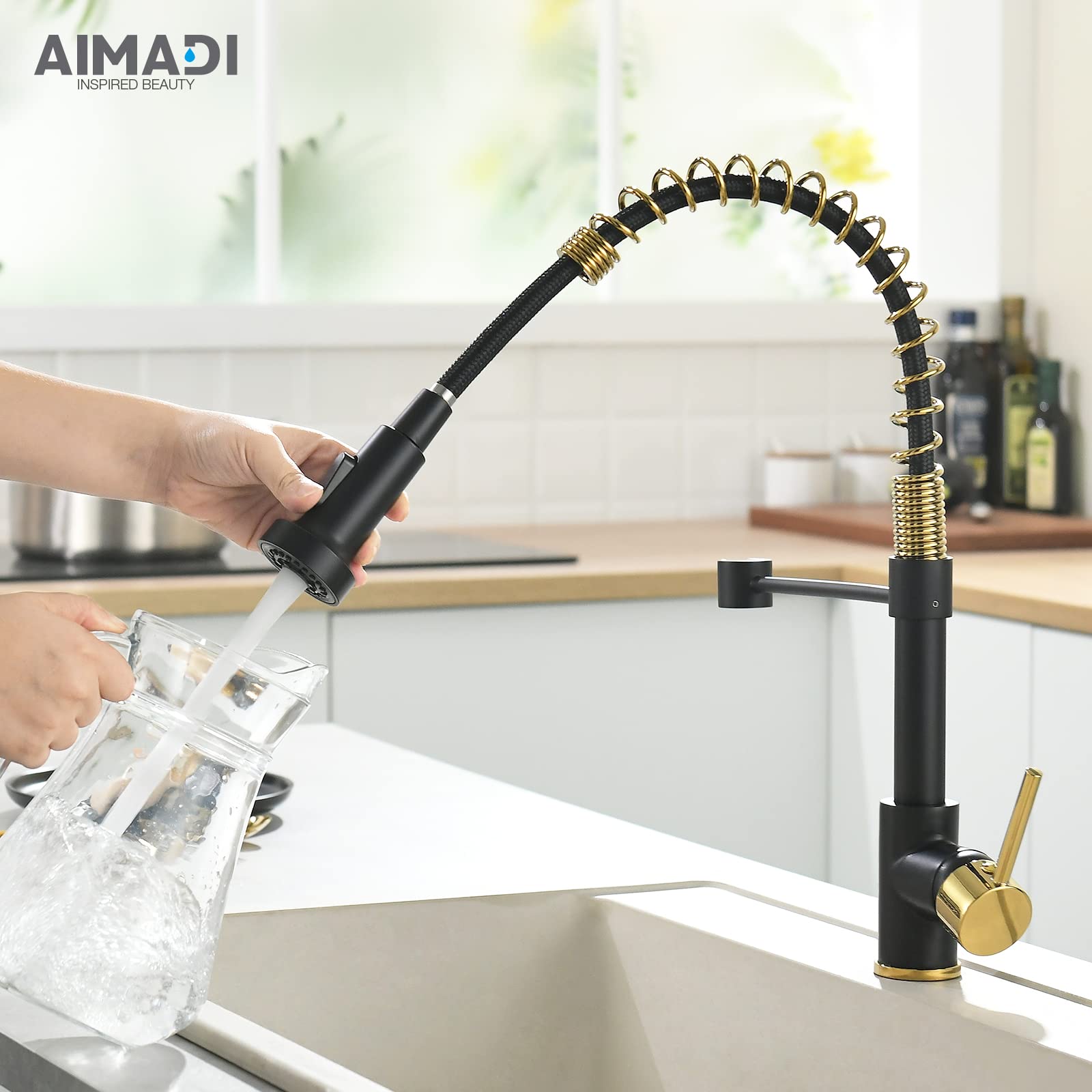 AIMADI Black Kitchen Faucet with Sprayer - Commercial Faucet Kitchen Single Handle Spring Pull Down Kitchen Sink Faucet with LED Light,Matte Black