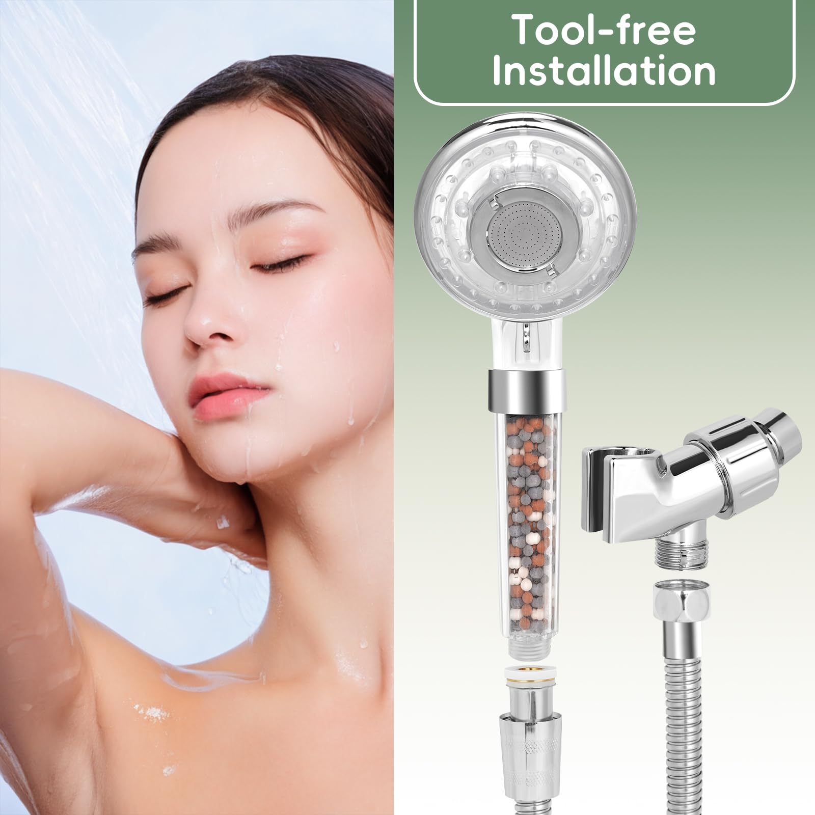 Filtered Shower Head with Handheld, High Pressure 7 Spray Mode Shower Head with Filter for Hard Water, Detachable Water Saving Spray Handheld Showerheads with 59“ Hose for Dry Skin & Hair, Chrome