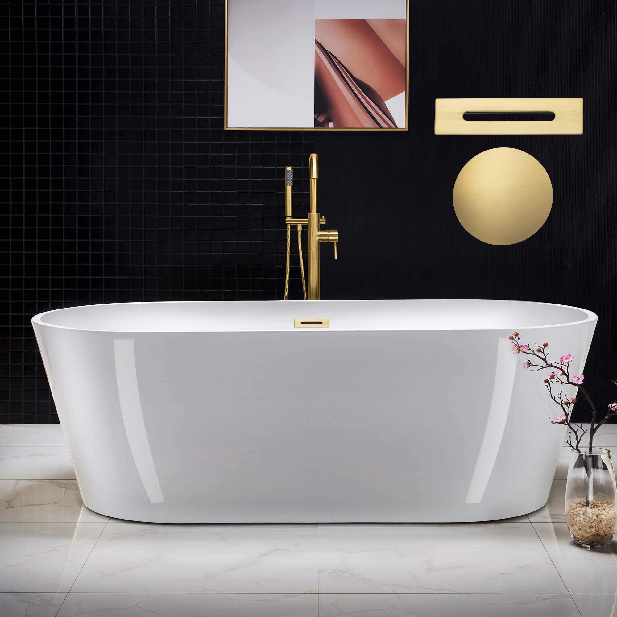 WOODBRIDGE 67" Acrylic Freestanding Bathtub Contemporary Soaking Tub, White Acrylic (Matte Black Drain/Overflow), B0013-MB-Drain &O