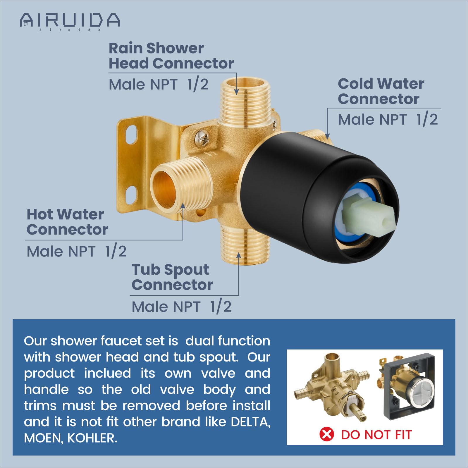 Airuida Shower Faucet Set with 8 Inch Rainfall Square Showerhead and Tub Spout Bathtub Faucet Kit Shower Tub Faucet Set Complete Tub Shower Trim Kit with Solid Brass Rough-in Valve Matte Black