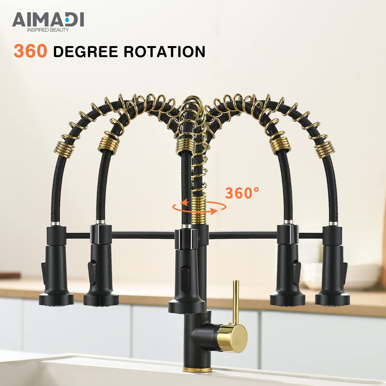 AIMADI Black Kitchen Faucet with Sprayer - Commercial Faucet Kitchen Single Handle Spring Pull Down Kitchen Sink Faucet with LED Light,Matte Black