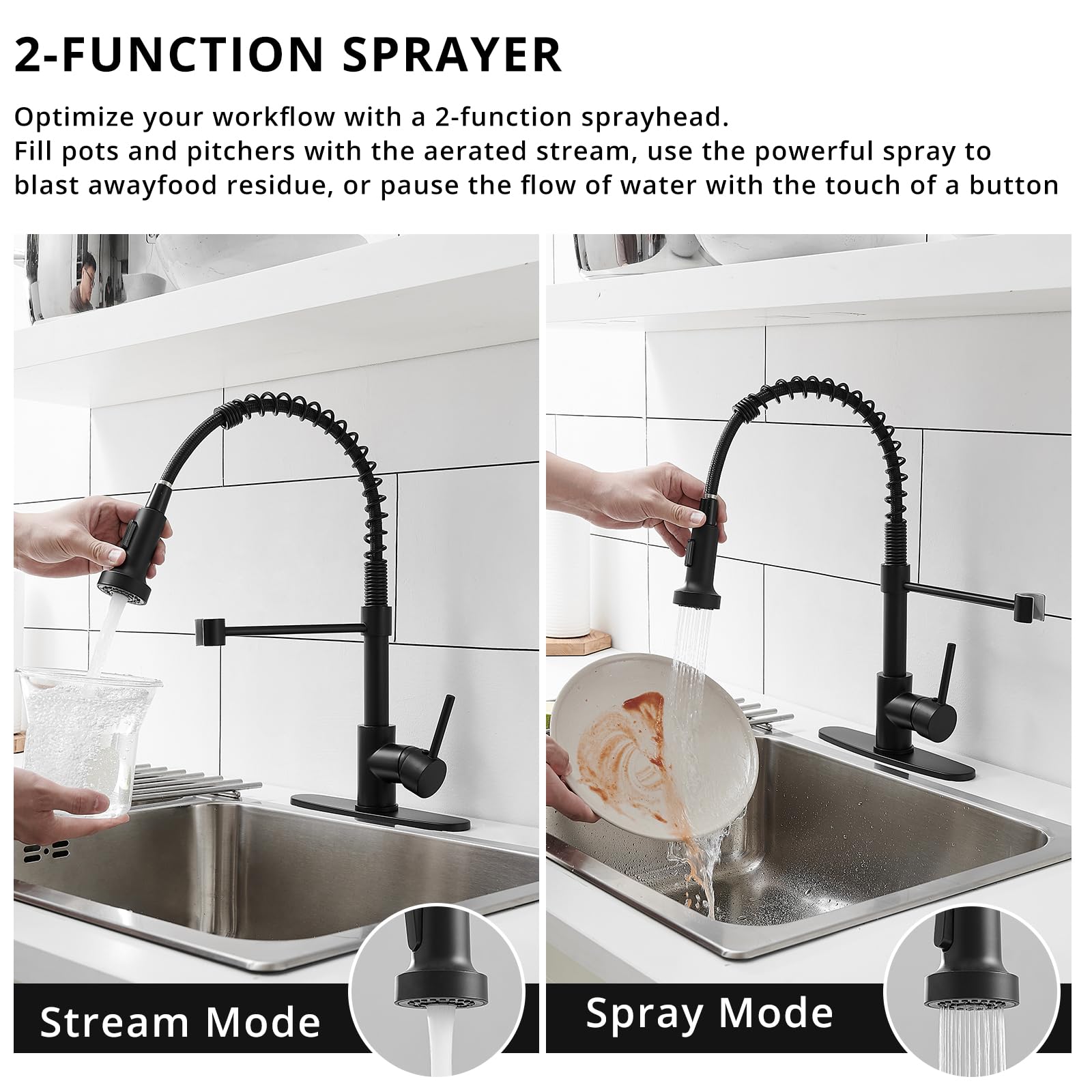 AIMADI Black Kitchen Faucet with Sprayer - Commercial Faucet Kitchen Single Handle Spring Pull Down Kitchen Sink Faucet with LED Light,Matte Black