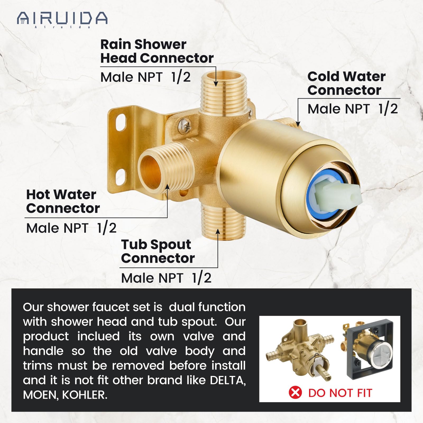 Airuida Shower Faucet Set with 8 Inch Rainfall Square Showerhead and Tub Spout Bathtub Faucet Kit Shower Tub Faucet Set Complete Tub Shower Trim Kit with Solid Brass Rough-in Valve Matte Black