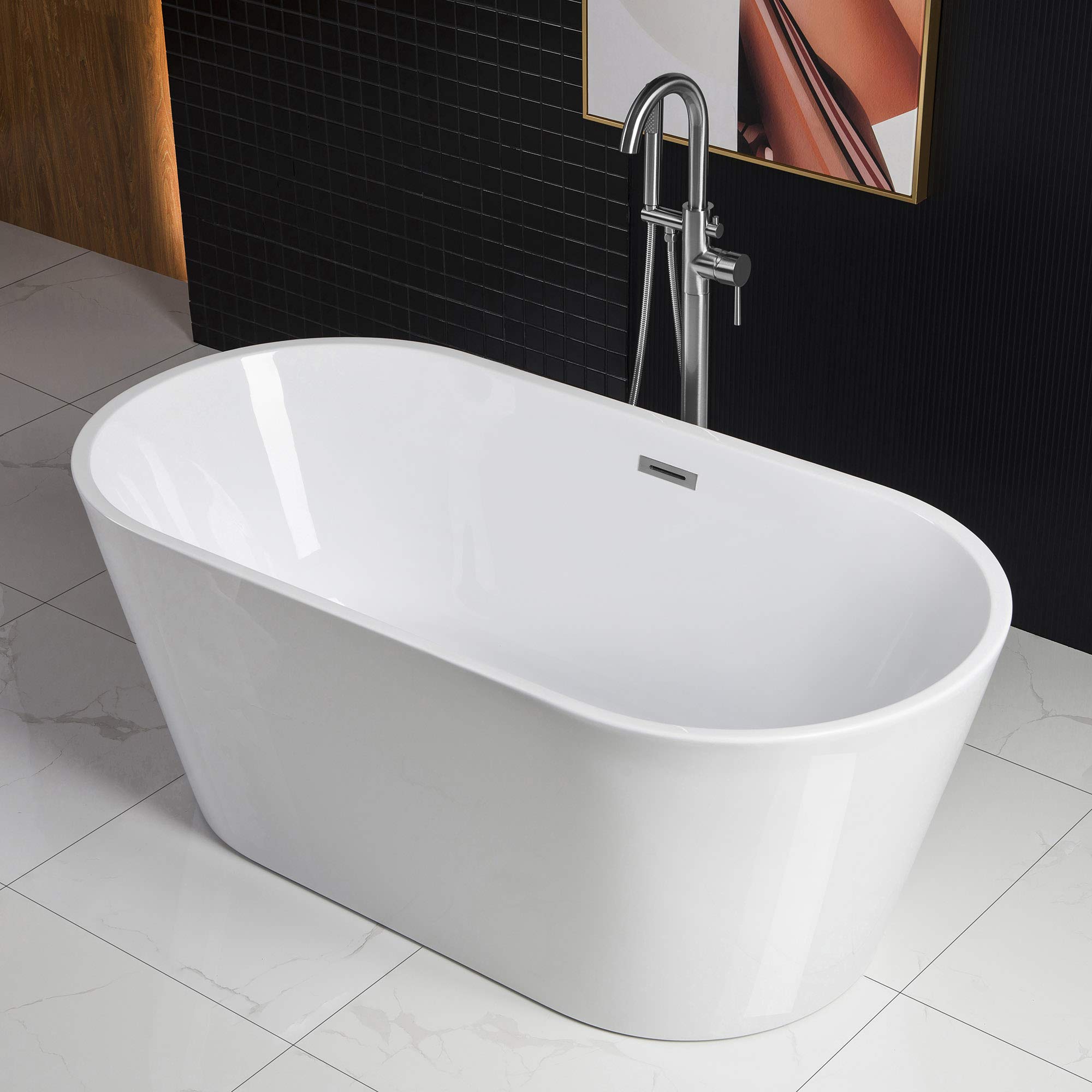 WOODBRIDGE 67" Acrylic Freestanding Bathtub Contemporary Soaking Tub, White Acrylic (Matte Black Drain/Overflow), B0013-MB-Drain &O