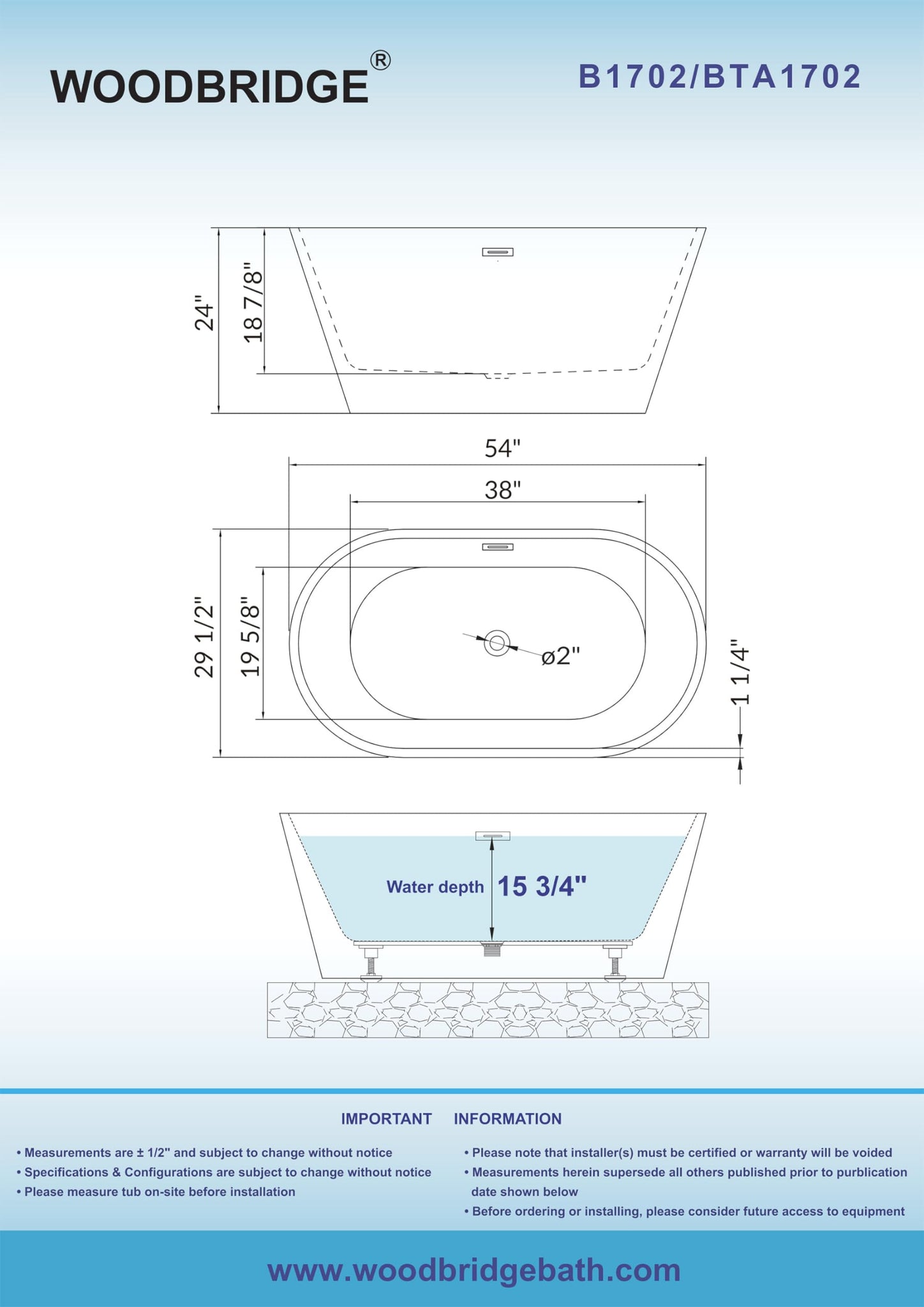 WOODBRIDGE 67" Acrylic Freestanding Bathtub Contemporary Soaking Tub, White Acrylic (Matte Black Drain/Overflow), B0013-MB-Drain &O