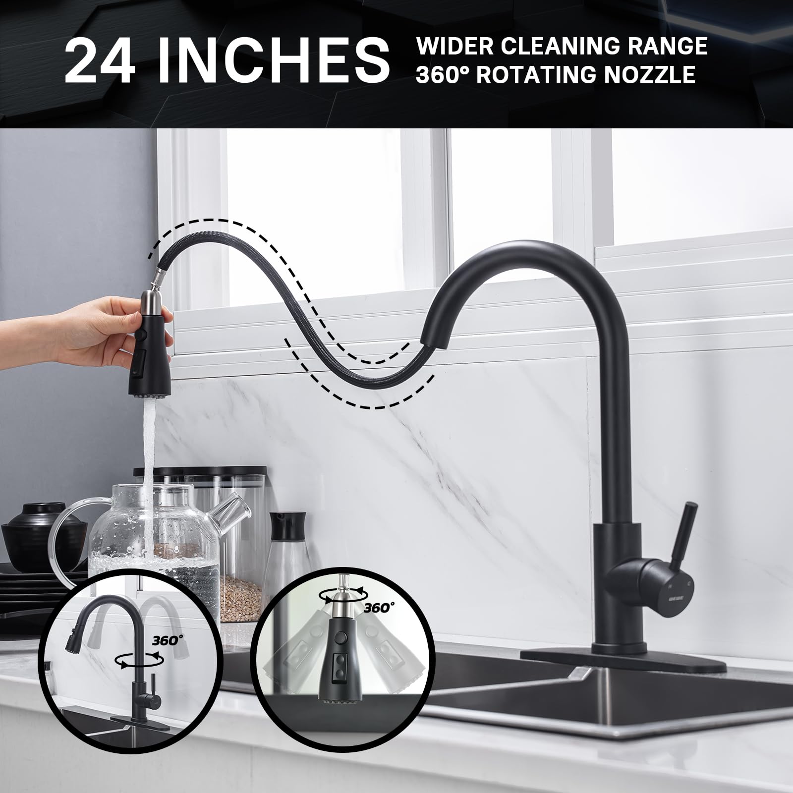 WEWE Single Handle High Arc Brushed Nickel Pull Out Kitchen Faucet,Single Level Stainless Steel Kitchen Sink Faucets with Pull Down Sprayer