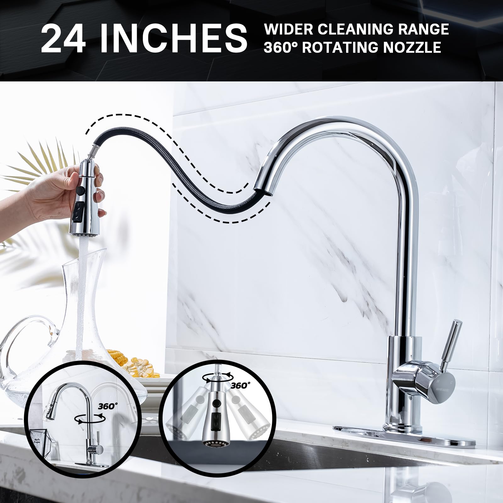 WEWE Single Handle High Arc Brushed Nickel Pull Out Kitchen Faucet,Single Level Stainless Steel Kitchen Sink Faucets with Pull Down Sprayer