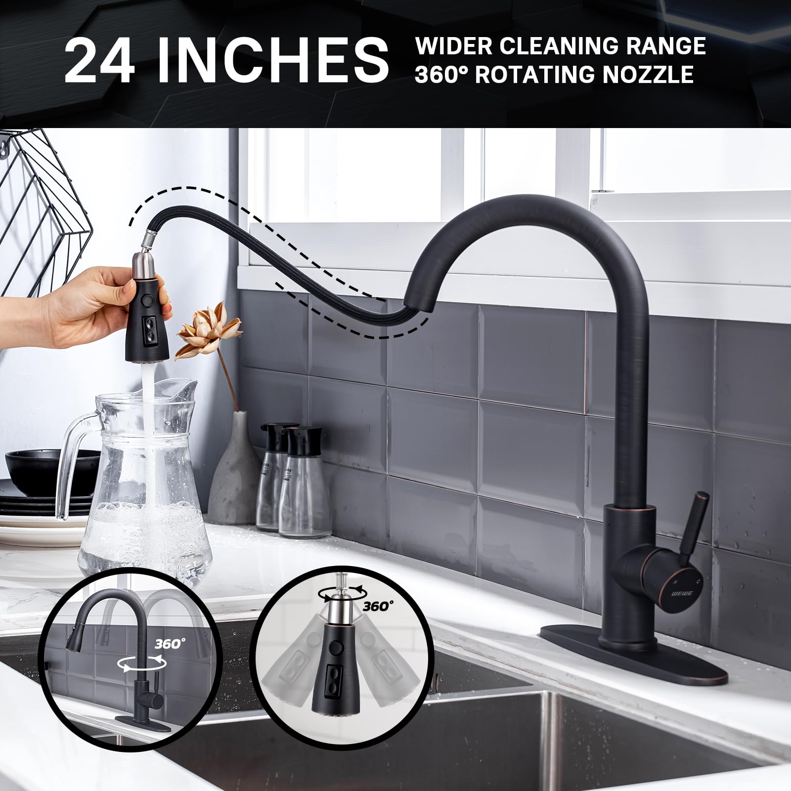 WEWE Single Handle High Arc Brushed Nickel Pull Out Kitchen Faucet,Single Level Stainless Steel Kitchen Sink Faucets with Pull Down Sprayer