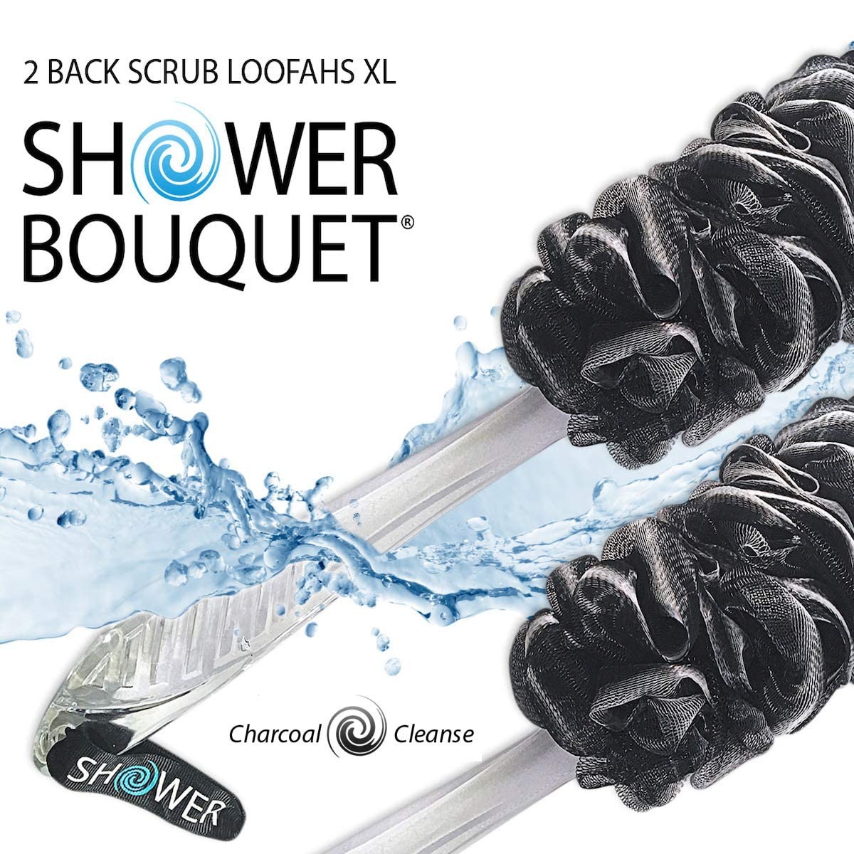 Loofah-Charcoal Back-Scrubber & Bath-Sponges by Shower Bouquet: 1 Long-Handle-Back-Brush Plus 2 Extra Large 75g Soft Mesh Poufs, Men & Women - Exfoliate with Full Pure Cleanse in Bathing Accessories