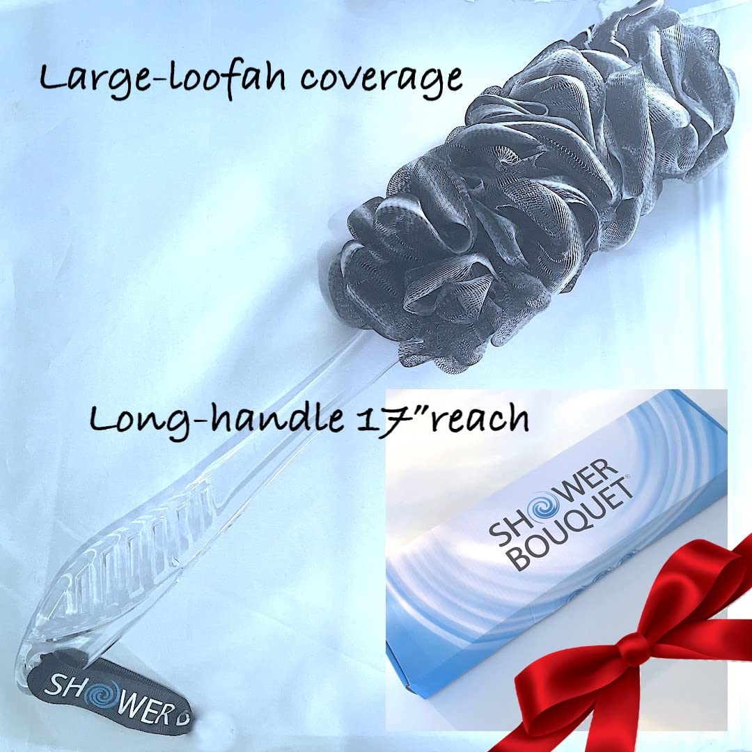 Loofah-Charcoal Back-Scrubber & Bath-Sponges by Shower Bouquet: 1 Long-Handle-Back-Brush Plus 2 Extra Large 75g Soft Mesh Poufs, Men & Women - Exfoliate with Full Pure Cleanse in Bathing Accessories