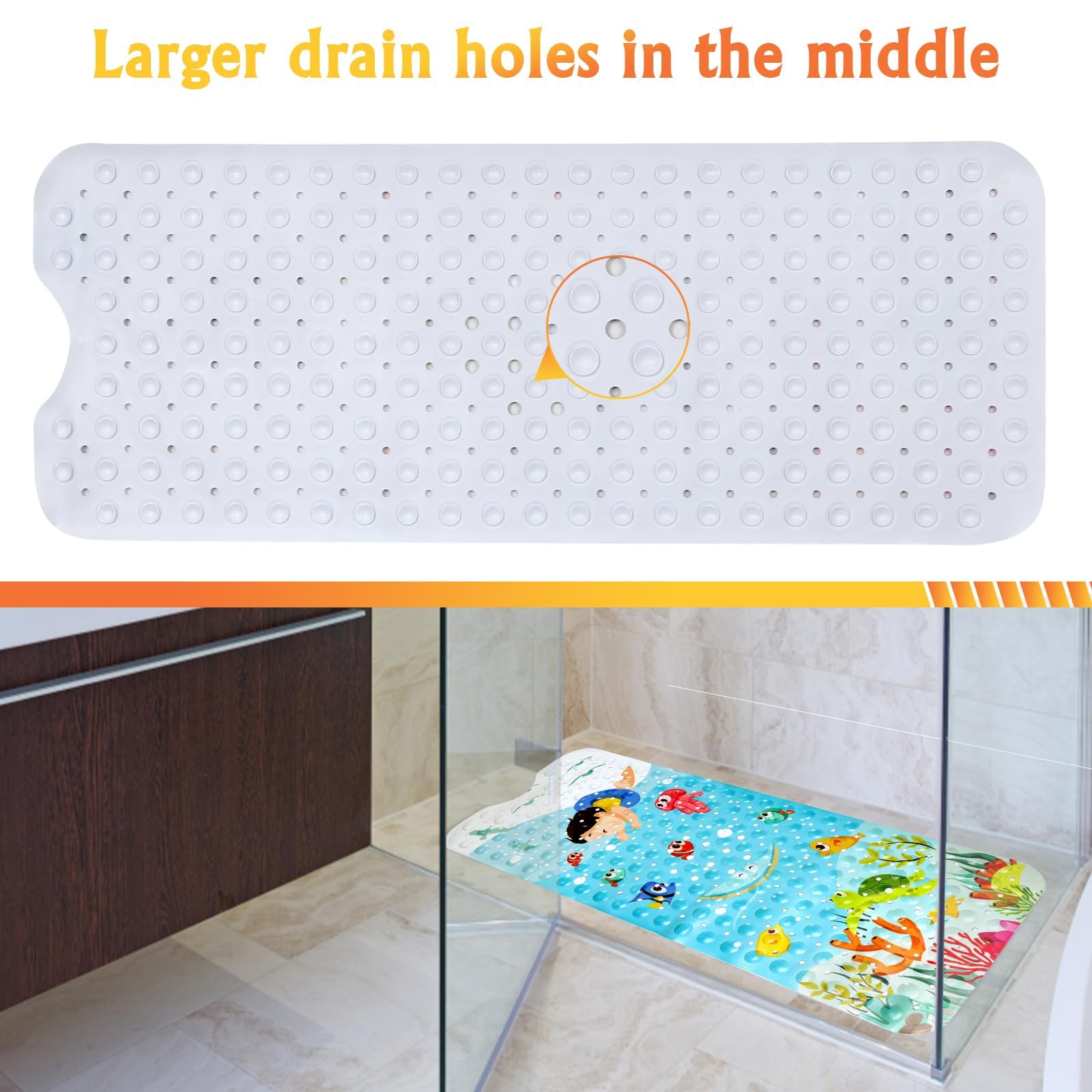 Secopad Baby Bath Mat for Tub for Kids, 40 X 16 Inch Non Slip Cartoon Bath Tub Shower Mat Anti Slip with Drain Holes and Suction Cups Machine Washable, Turtle