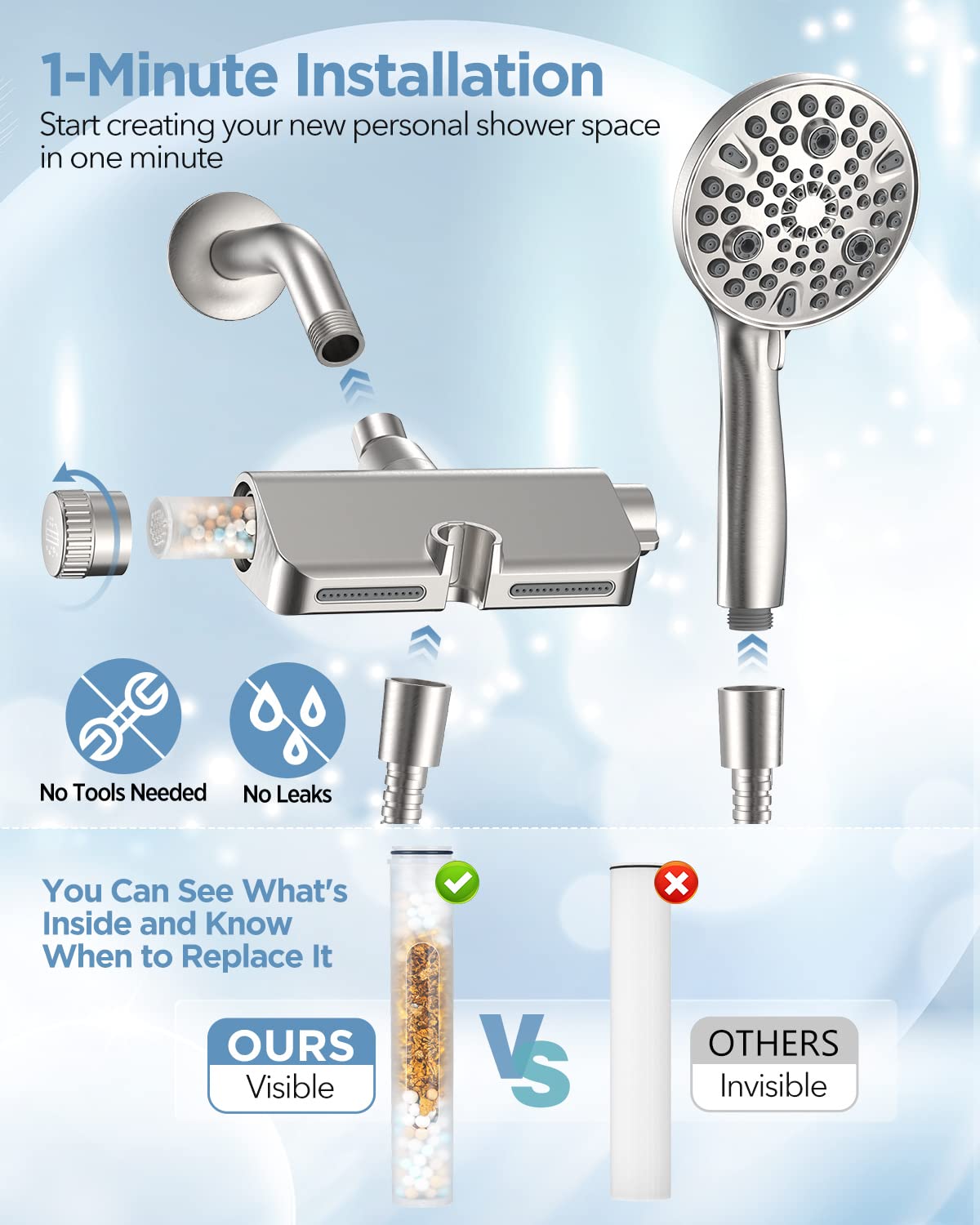 MakeFit Filtered Shower Head with Handheld Combo - Dual 2-in-1 Spa System with Massage Shower Head and 10 Modes Hand Held Shower Head, High Pressure, Built in Power Wash Mode (Chrome)