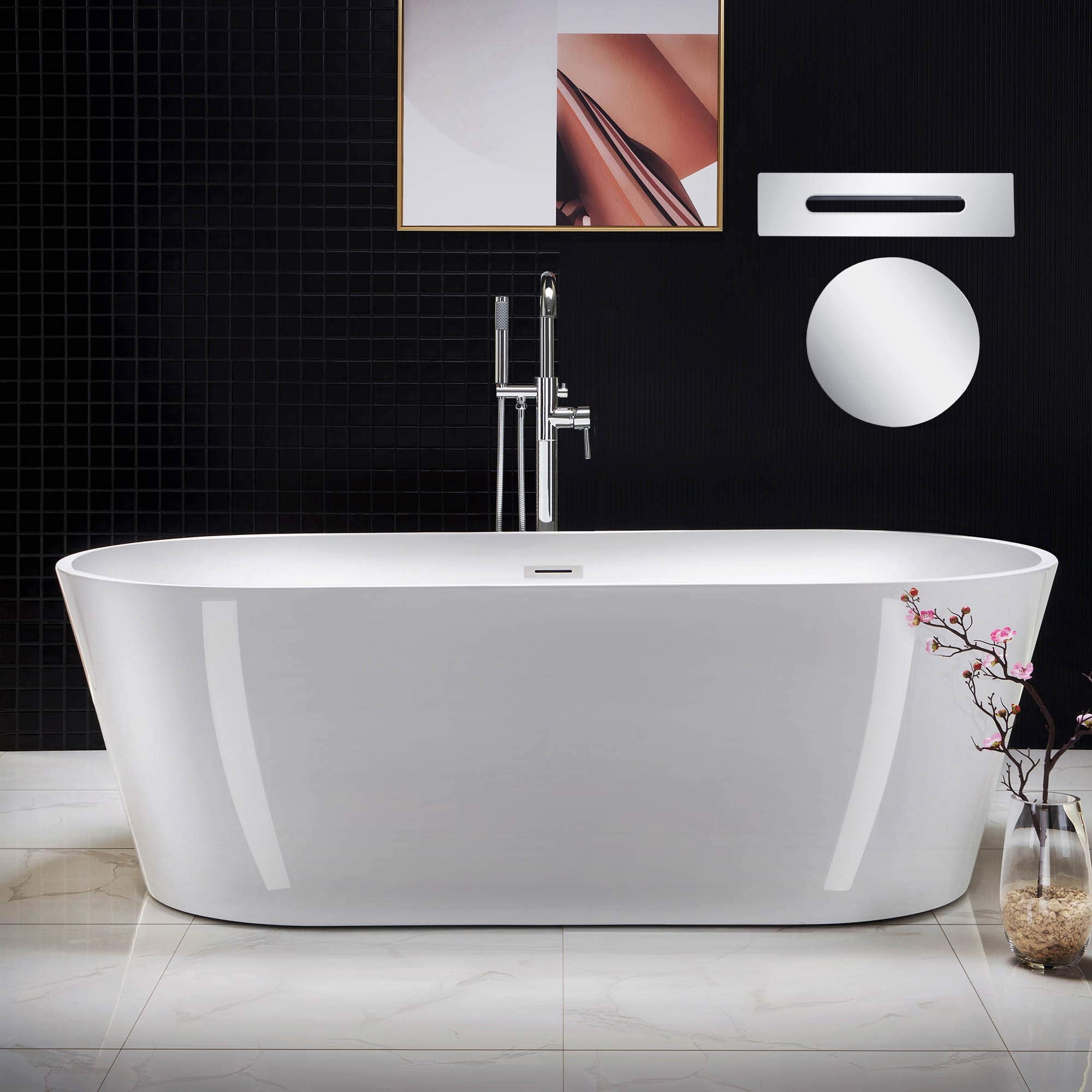 WOODBRIDGE 67" Acrylic Freestanding Bathtub Contemporary Soaking Tub, White Acrylic (Matte Black Drain/Overflow), B0013-MB-Drain &O