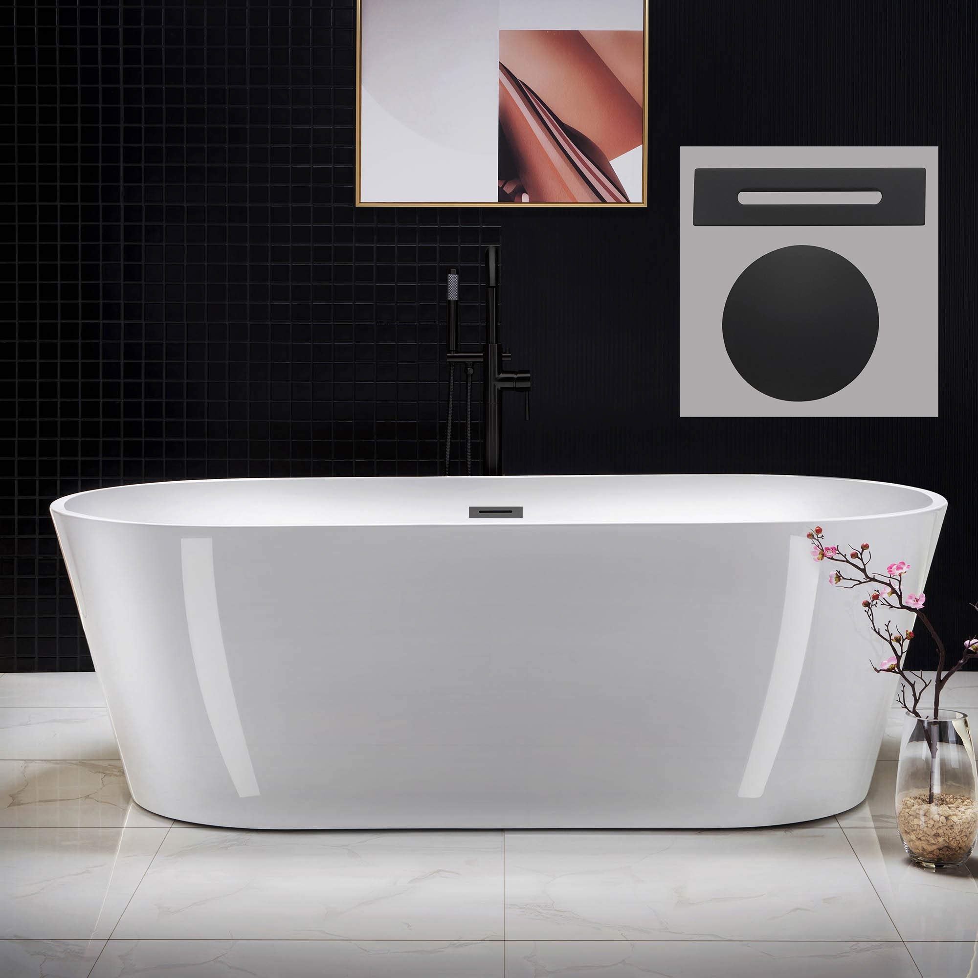 WOODBRIDGE 67" Acrylic Freestanding Bathtub Contemporary Soaking Tub, White Acrylic (Matte Black Drain/Overflow), B0013-MB-Drain &O