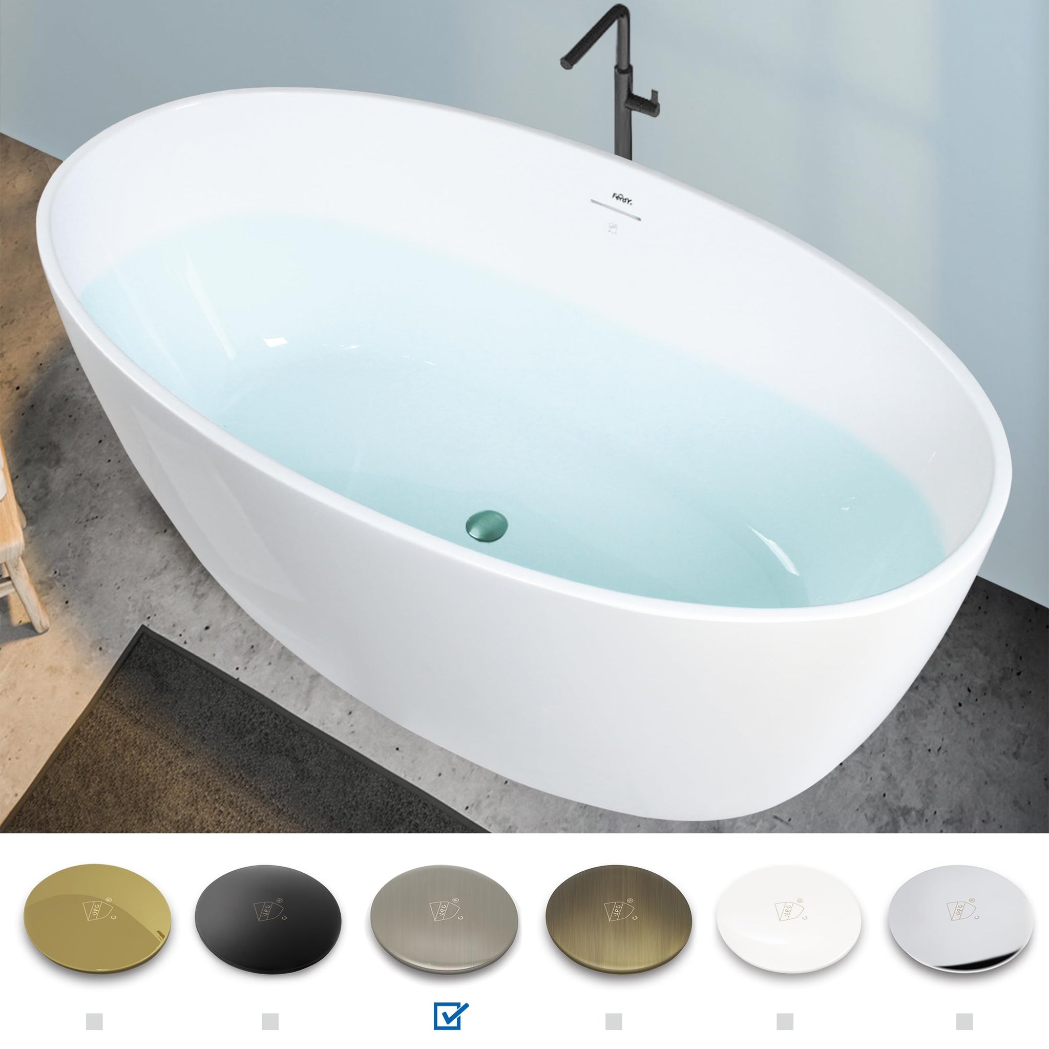 FerdY Tahiti 55" Acrylic Freestanding Bathtub, Elegant Oval Shape Soaking Bathtub, Glossy White, Brushed Nickel Drain & Integrated Slotted Overflow Assembly Included cUPC Certified