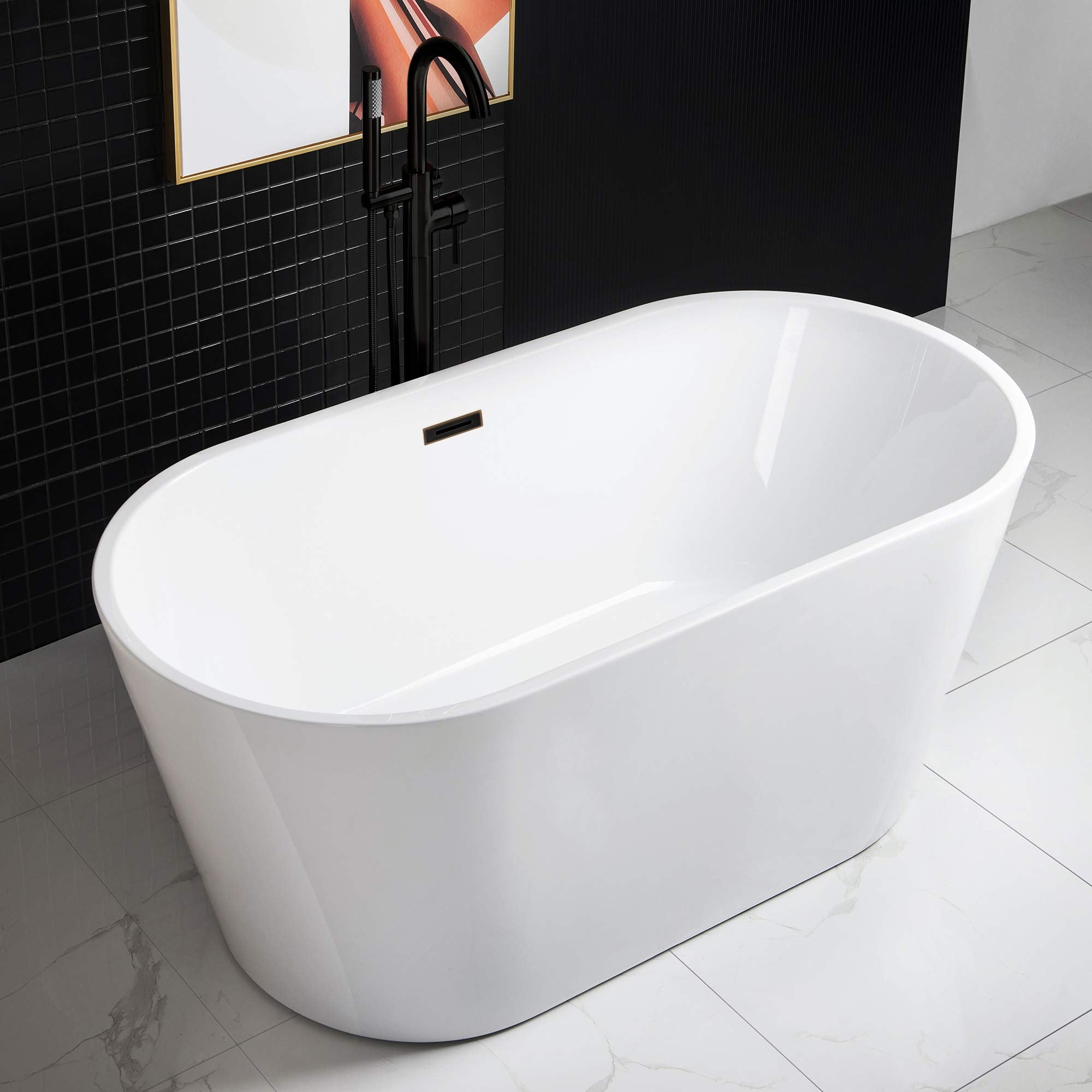 WOODBRIDGE 67" Acrylic Freestanding Bathtub Contemporary Soaking Tub, White Acrylic (Matte Black Drain/Overflow), B0013-MB-Drain &O