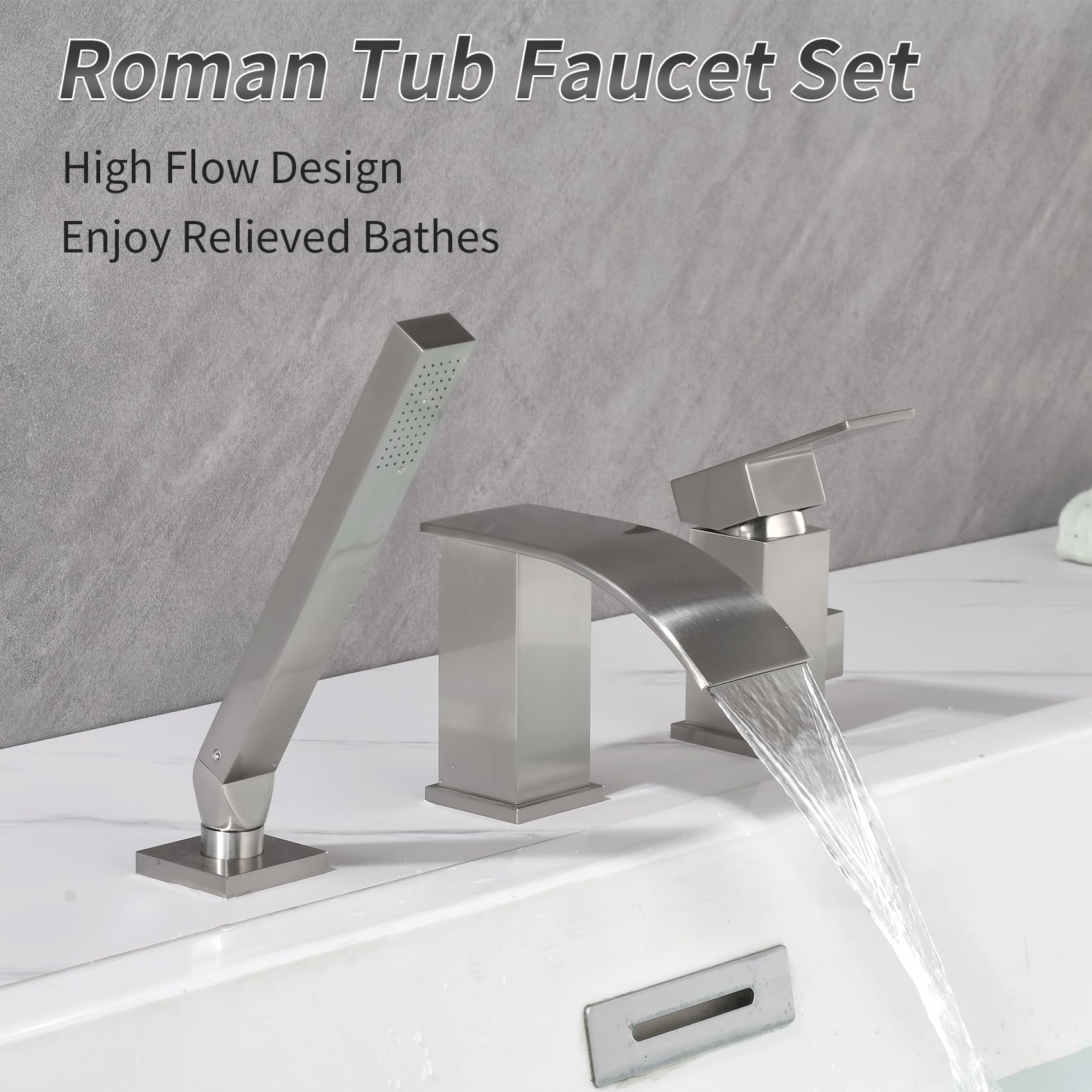 TapLong Waterfall Roman Tub Faucet with Hand Shower, Deck Mount 3 Hole Bathtub Faucet Set High Flow Bath Tub Faucet Set Deck Mount Solid Brass, Matte Black,03766B