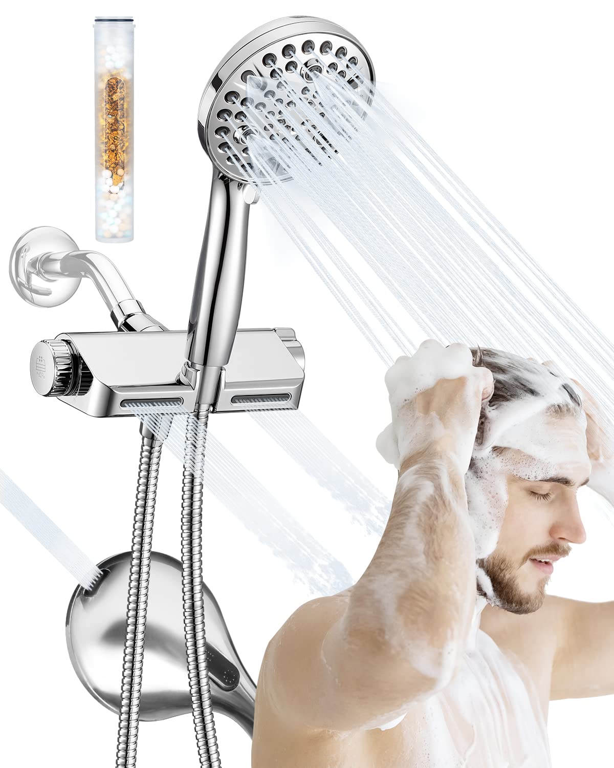 MakeFit Filtered Shower Head with Handheld Combo - Dual 2-in-1 Spa System with Massage Shower Head and 10 Modes Hand Held Shower Head, High Pressure, Built in Power Wash Mode (Chrome)