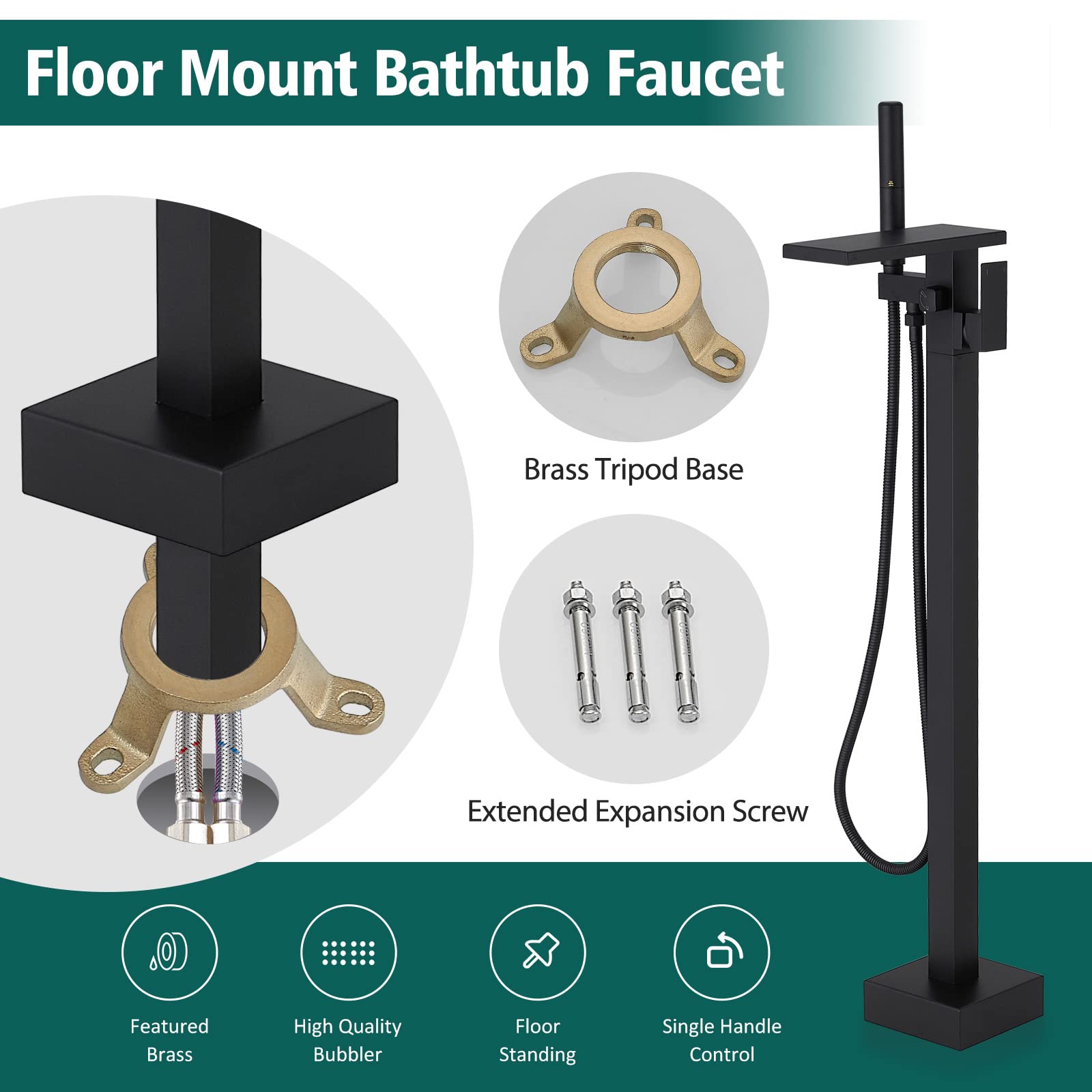 Hoimpro Freestanding Bathtub Faucet Waterfall Tub Filler Matte Black Floor Mount Brass Single Handle Bathroom Tub Faucets with 2 Function Hand Shower Wand