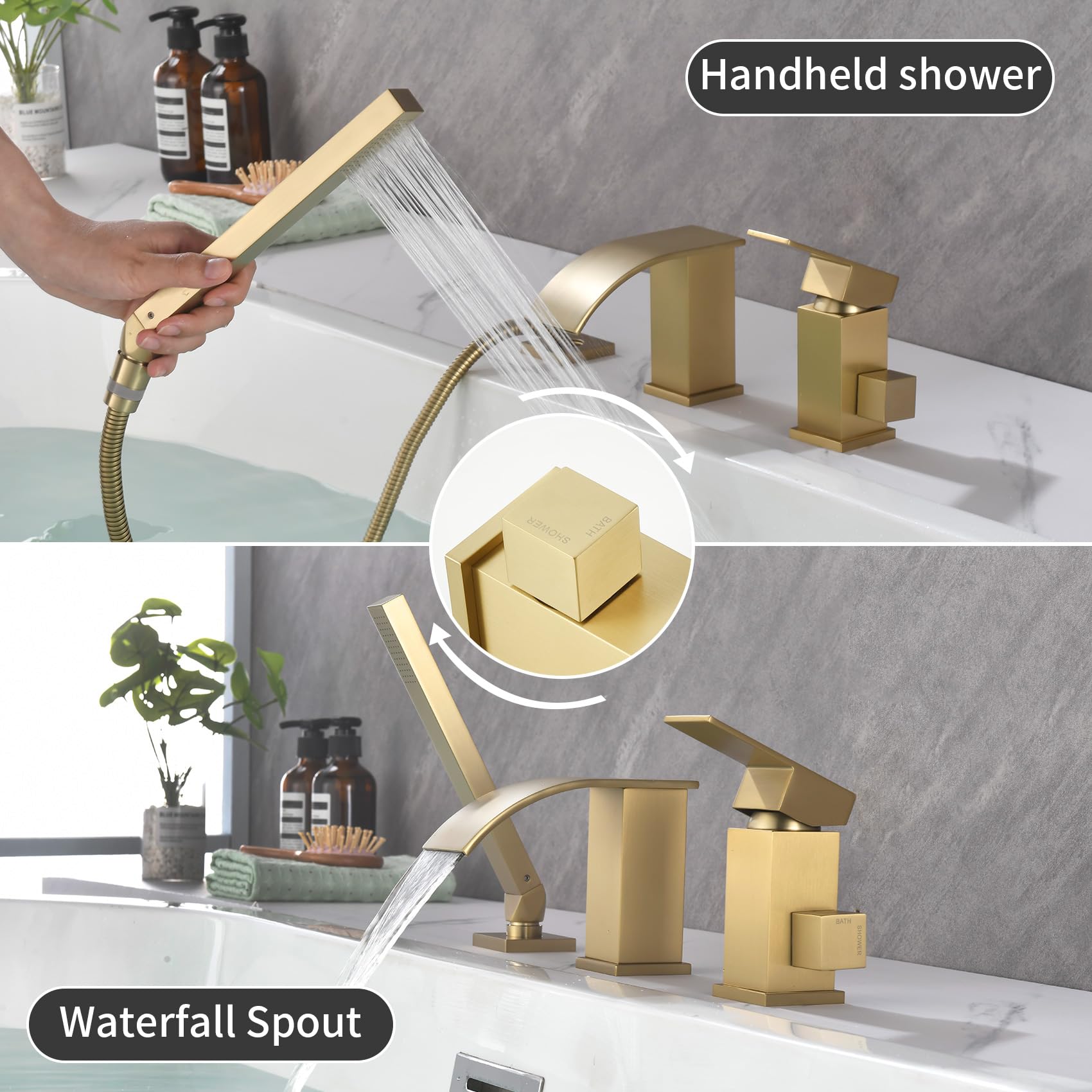 TapLong Waterfall Roman Tub Faucet with Hand Shower, Deck Mount 3 Hole Bathtub Faucet Set High Flow Bath Tub Faucet Set Deck Mount Solid Brass, Matte Black,03766B