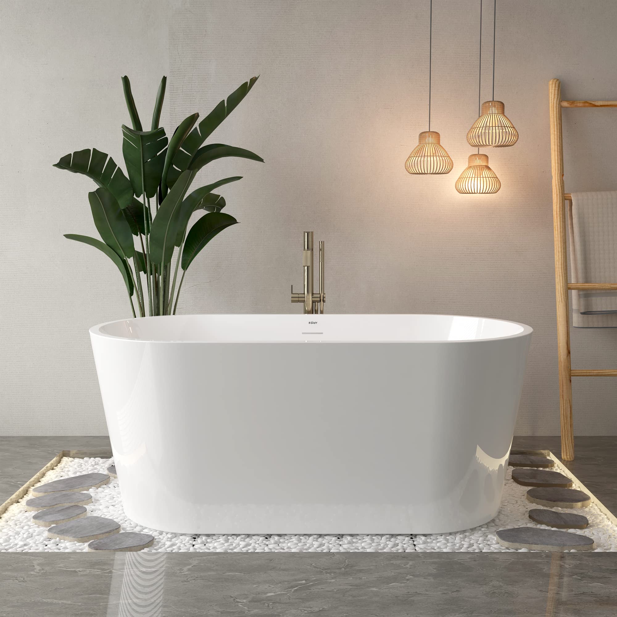 FerdY Shangri-La 67" Acrylic Freestanding Bathtub, Classic Oval Shape Acrylic Soaking Bathtub with Brushed Nickel Drain & Minimalist Linear Design Overflow, Modern White, cUPC Certified