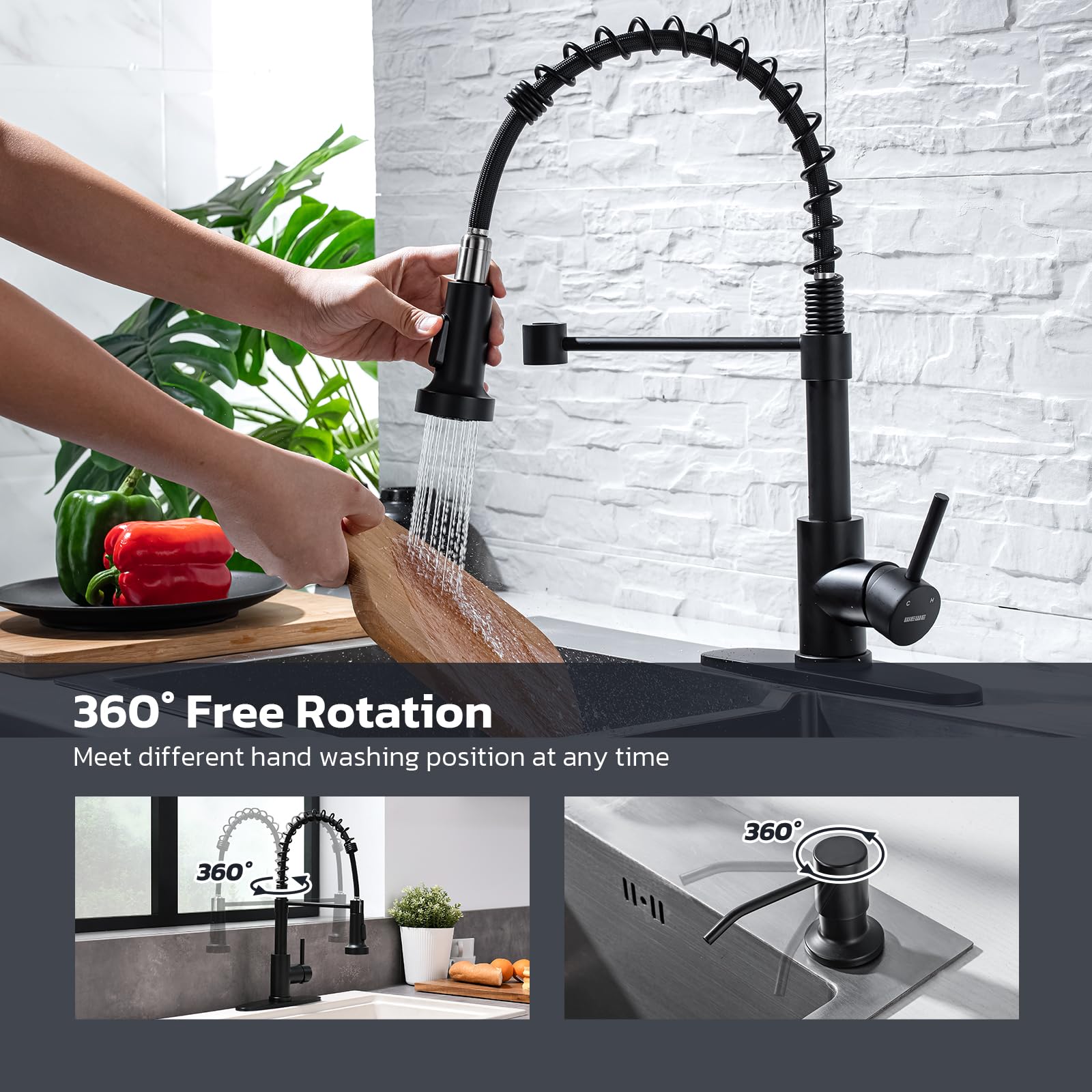 WEWE Kitchen Faucets with Pull Down Sprayer Commercial Industrial Stainless Steel Single Handle Single Hole Spring Farmhouse RV Sink Faucet, Matte Black