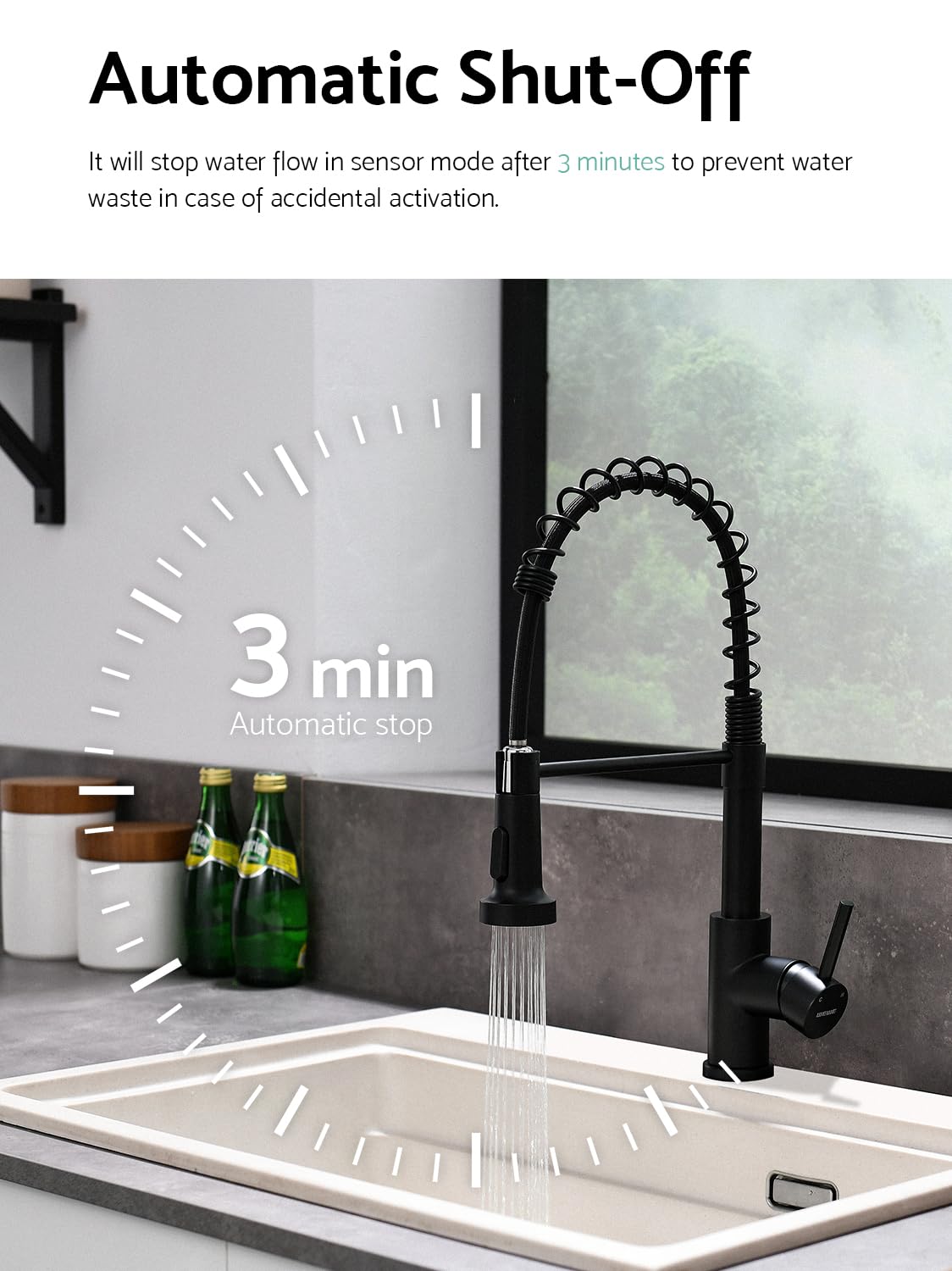 WEWE Kitchen Faucets with Pull Down Sprayer Commercial Industrial Stainless Steel Single Handle Single Hole Spring Farmhouse RV Sink Faucet, Matte Black