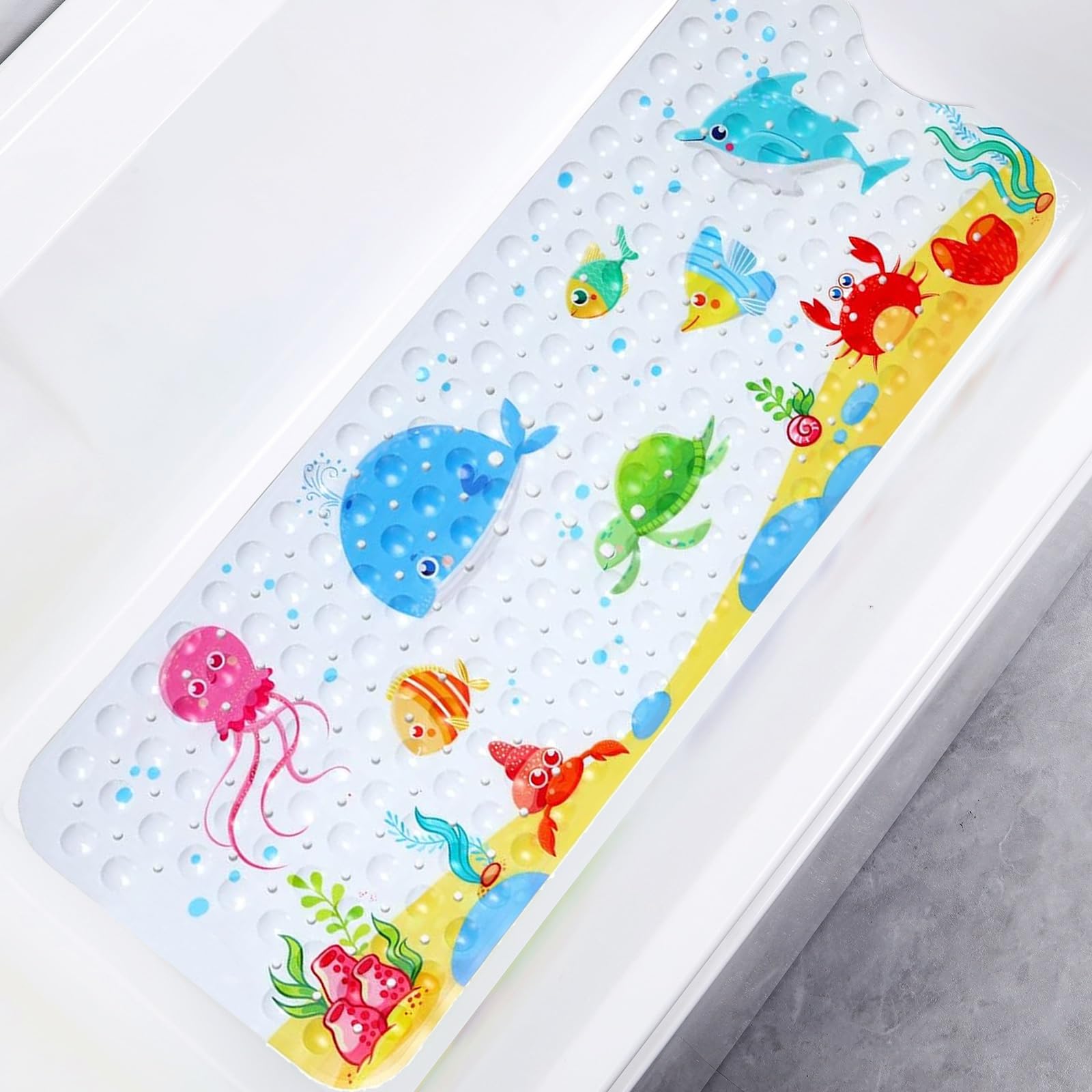 Secopad Baby Bath Mat for Tub for Kids, 40 X 16 Inch Non Slip Cartoon Bath Tub Shower Mat Anti Slip with Drain Holes and Suction Cups Machine Washable, Turtle