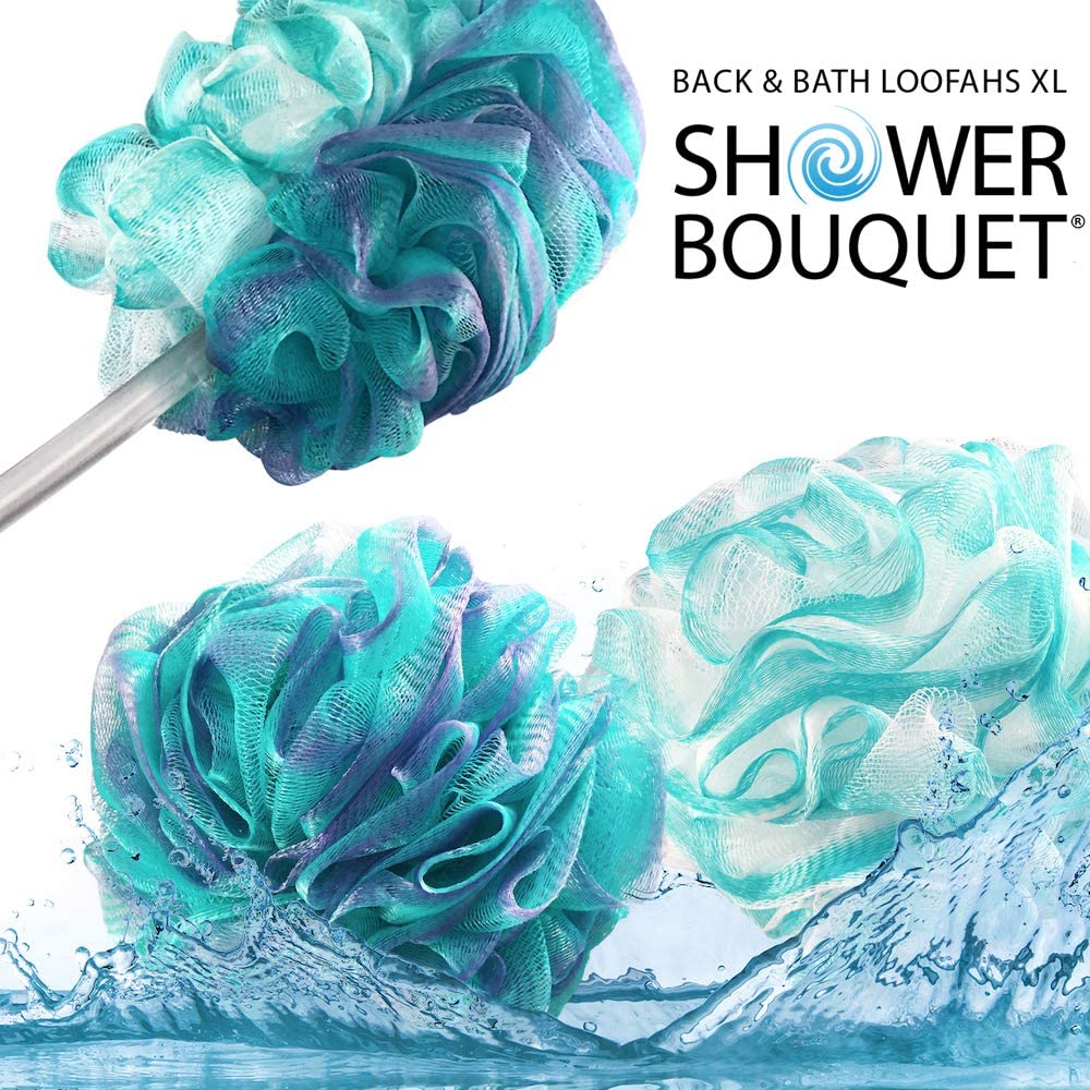 Loofah-Charcoal Back-Scrubber & Bath-Sponges by Shower Bouquet: 1 Long-Handle-Back-Brush Plus 2 Extra Large 75g Soft Mesh Poufs, Men & Women - Exfoliate with Full Pure Cleanse in Bathing Accessories