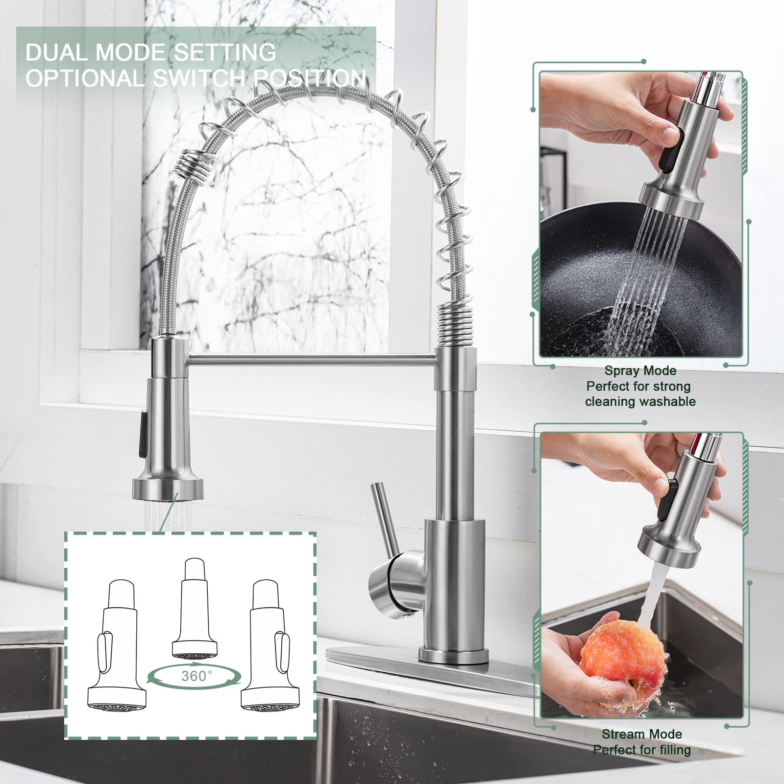 WEWE Kitchen Faucets with Pull Down Sprayer Commercial Industrial Stainless Steel Single Handle Single Hole Spring Farmhouse RV Sink Faucet, Matte Black