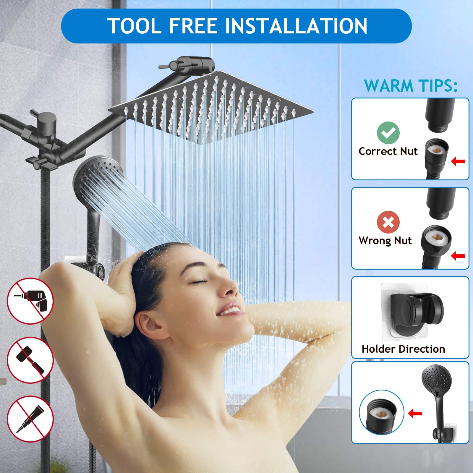 Shower Head Combo,10 Inch High Pressure Rain Shower Head with 11 Inch Adjustable Extension Arm and 5 Settings Handheld ,Powerful Shower Spray Against Low Pressure Water with Long Hose