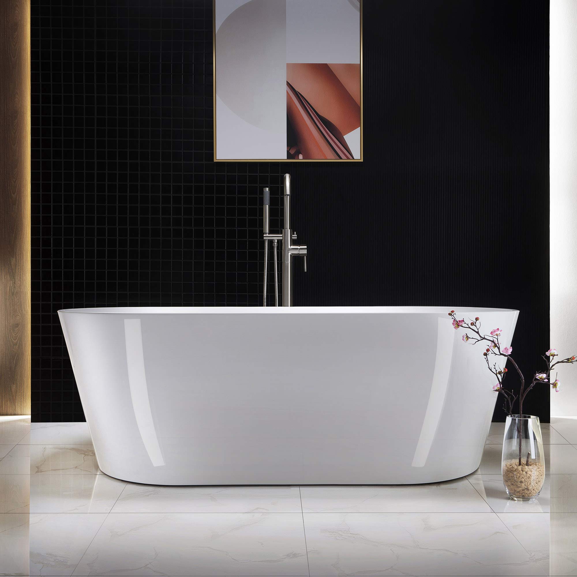 WOODBRIDGE 67" Acrylic Freestanding Bathtub Contemporary Soaking Tub, White Acrylic (Matte Black Drain/Overflow), B0013-MB-Drain &O