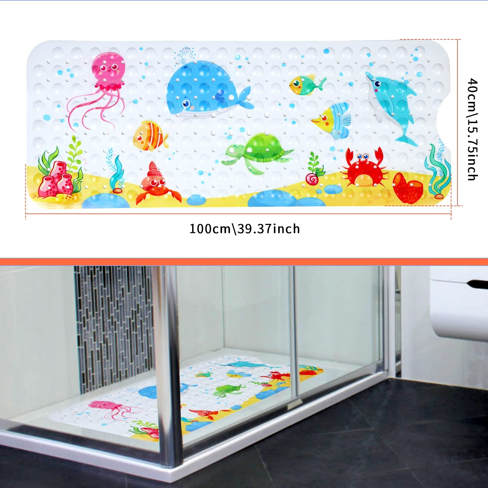 Secopad Baby Bath Mat for Tub for Kids, 40 X 16 Inch Non Slip Cartoon Bath Tub Shower Mat Anti Slip with Drain Holes and Suction Cups Machine Washable, Turtle