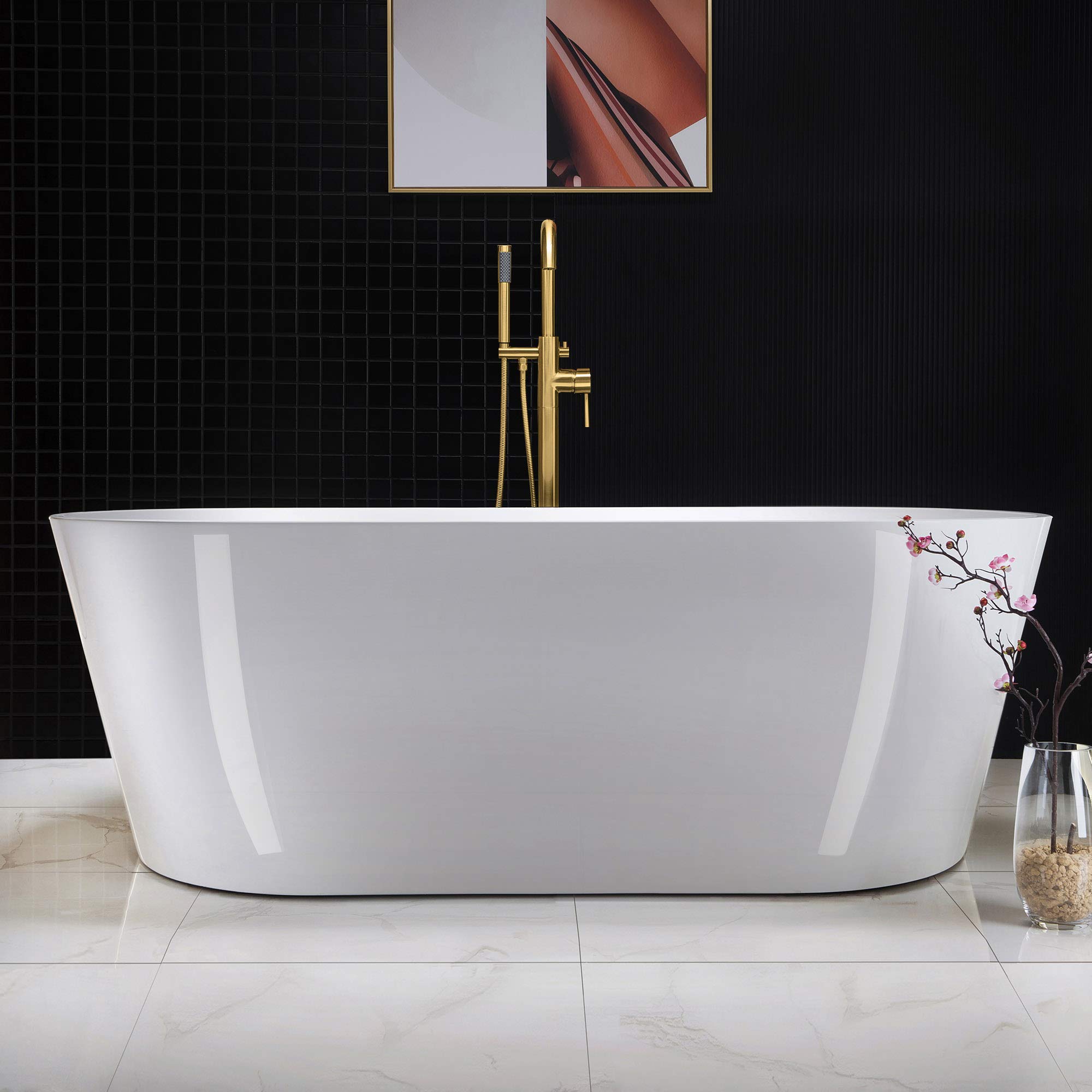 WOODBRIDGE 67" Acrylic Freestanding Bathtub Contemporary Soaking Tub, White Acrylic (Matte Black Drain/Overflow), B0013-MB-Drain &O