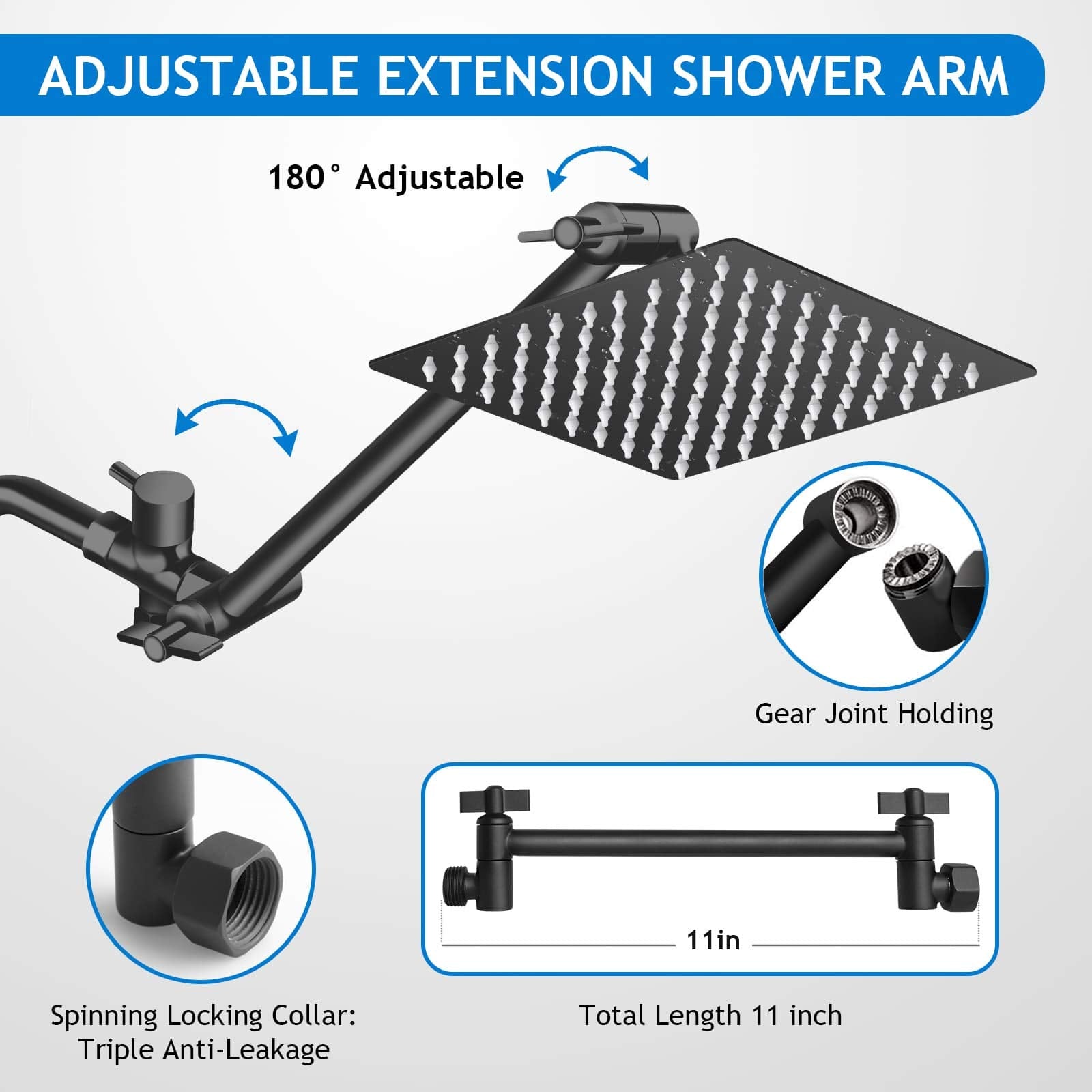 Shower Head Combo,10 Inch High Pressure Rain Shower Head with 11 Inch Adjustable Extension Arm and 5 Settings Handheld ,Powerful Shower Spray Against Low Pressure Water with Long Hose