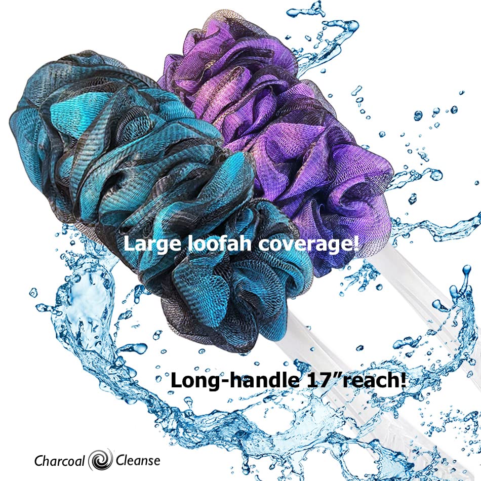 Loofah-Charcoal Back-Scrubber & Bath-Sponges by Shower Bouquet: 1 Long-Handle-Back-Brush Plus 2 Extra Large 75g Soft Mesh Poufs, Men & Women - Exfoliate with Full Pure Cleanse in Bathing Accessories