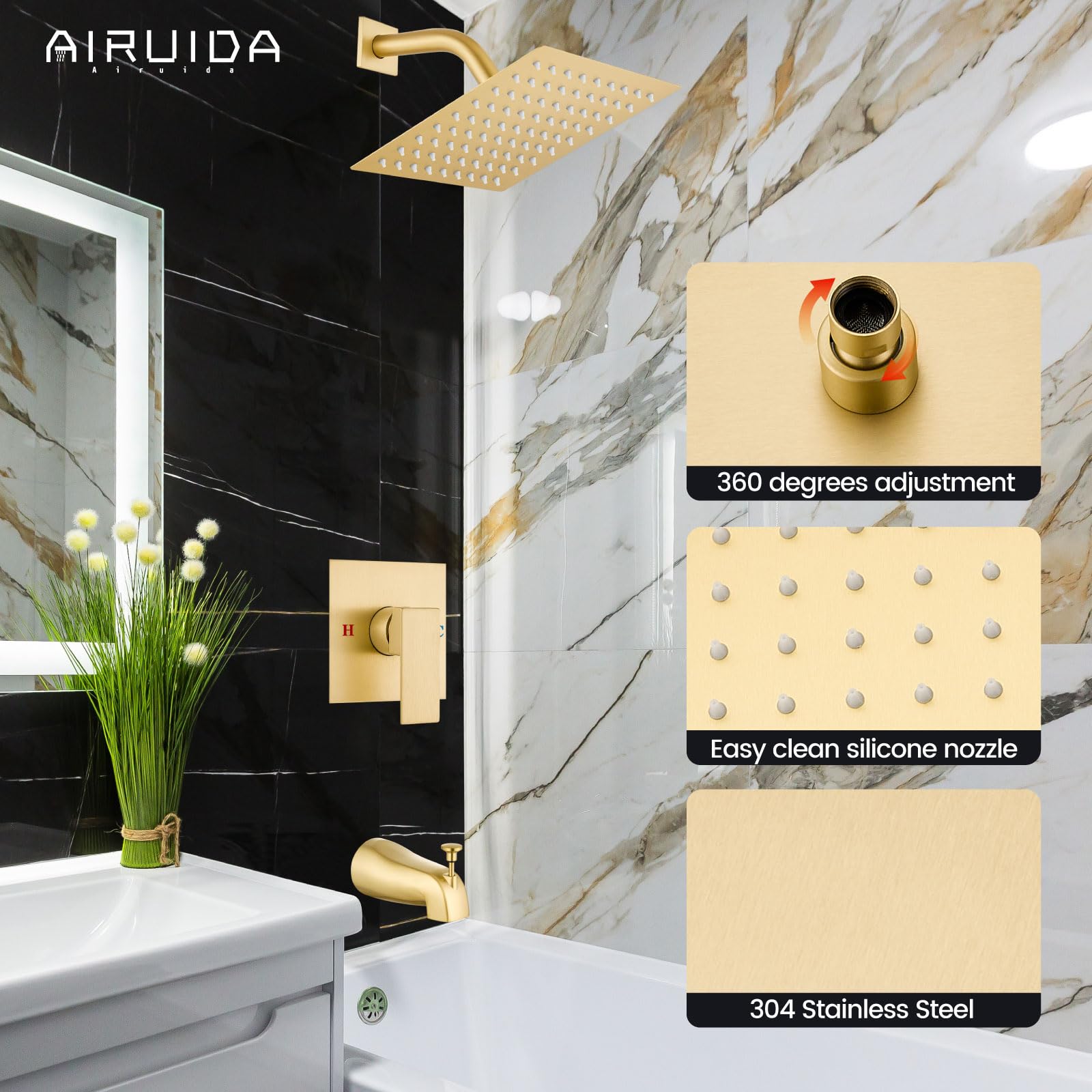 Airuida Shower Faucet Set with 8 Inch Rainfall Square Showerhead and Tub Spout Bathtub Faucet Kit Shower Tub Faucet Set Complete Tub Shower Trim Kit with Solid Brass Rough-in Valve Matte Black