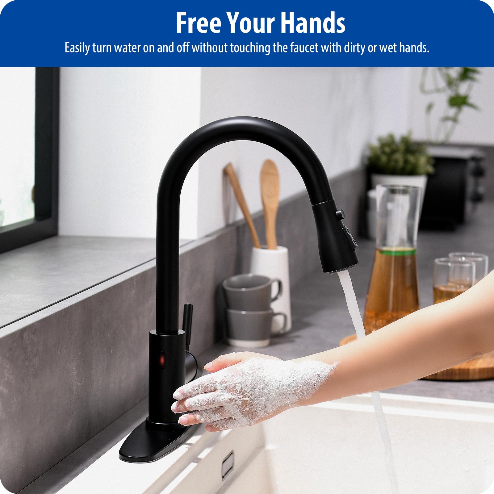 WEWE Kitchen Faucets with Pull Down Sprayer Commercial Industrial Stainless Steel Single Handle Single Hole Spring Farmhouse RV Sink Faucet, Matte Black