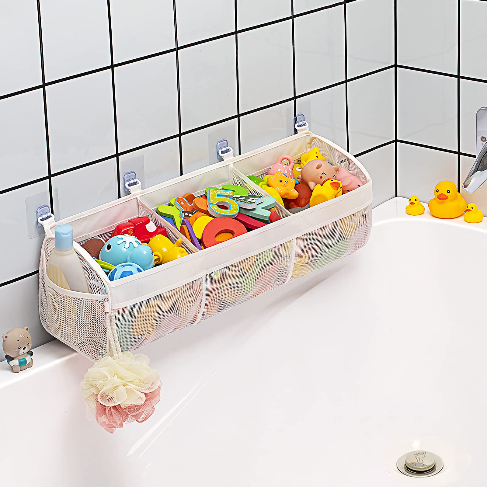 Austion Original 3 Compartment Horizontal Large Openings Bath Toy Organizer for Tub, Capacity Upgrade Bath Toy Storage and Holder, Bathtub Toy Holder for Easy Access and Sorting of Toys.